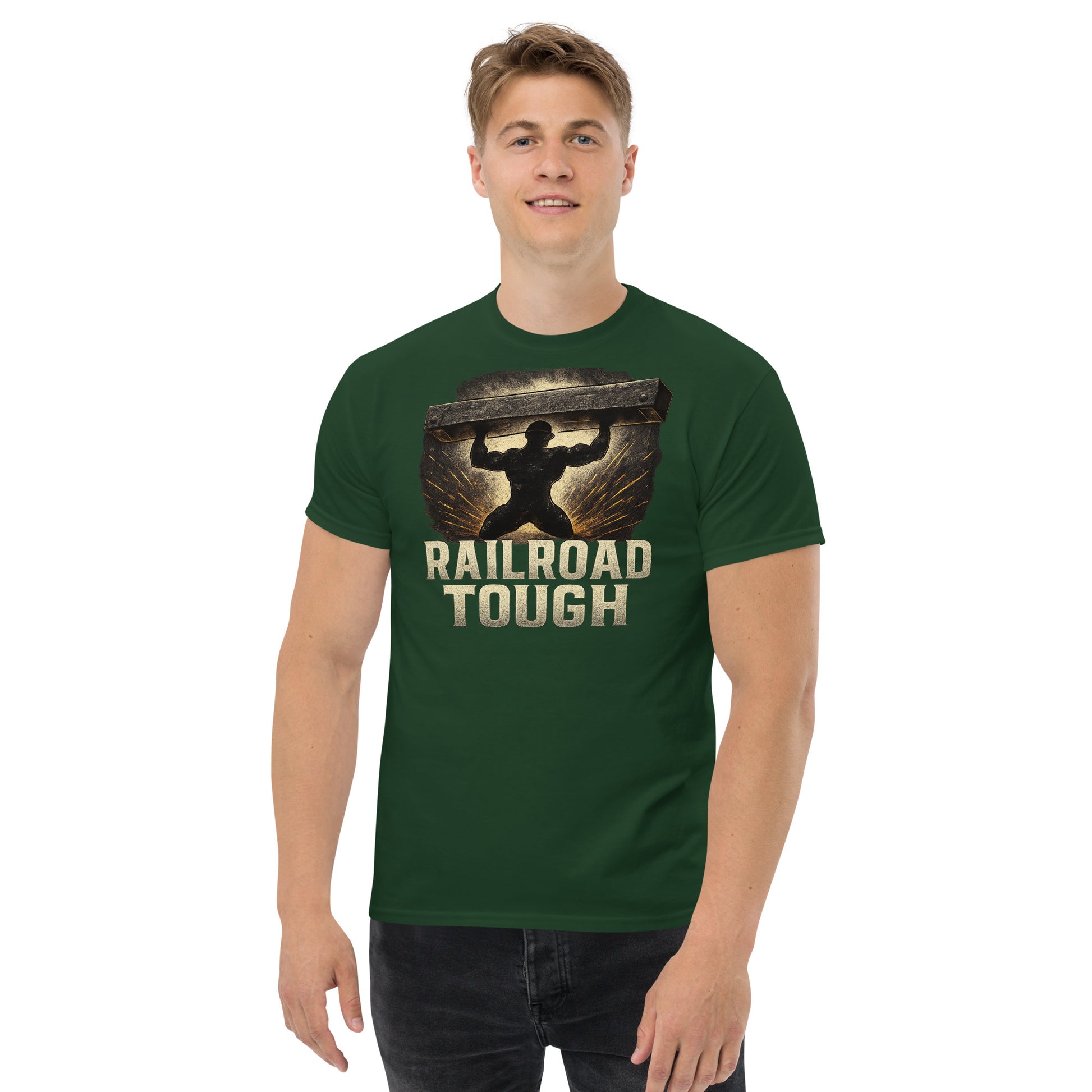 Man wearing a green t-shirt with 'Railroad Tough' graphic design on a white background