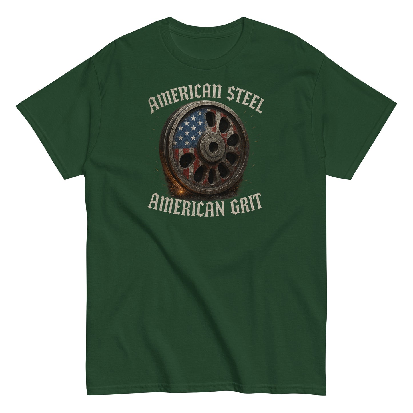 Green t-shirt with American Steel and American Grit graphic on a white background