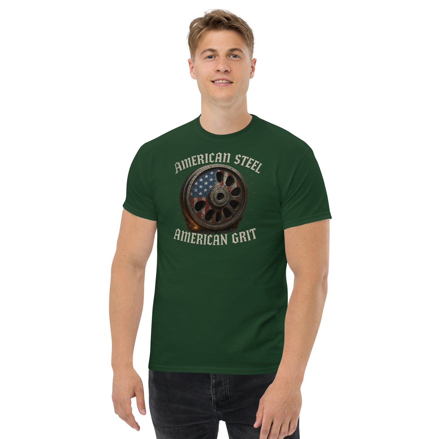 Man wearing a green t-shirt with 'American Steel, American Gut' design on a white background