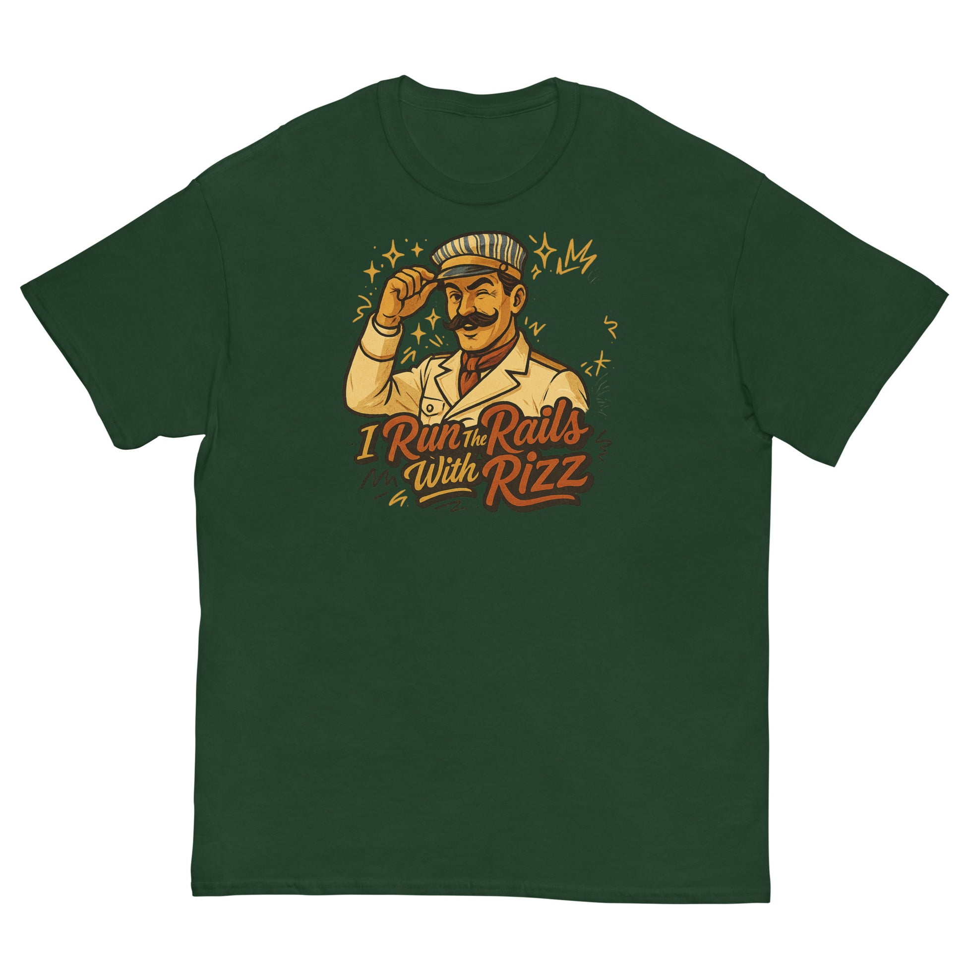 Green t-shirt with a graphic of a man and text 'I Run the Rails With Rizz' on a white background