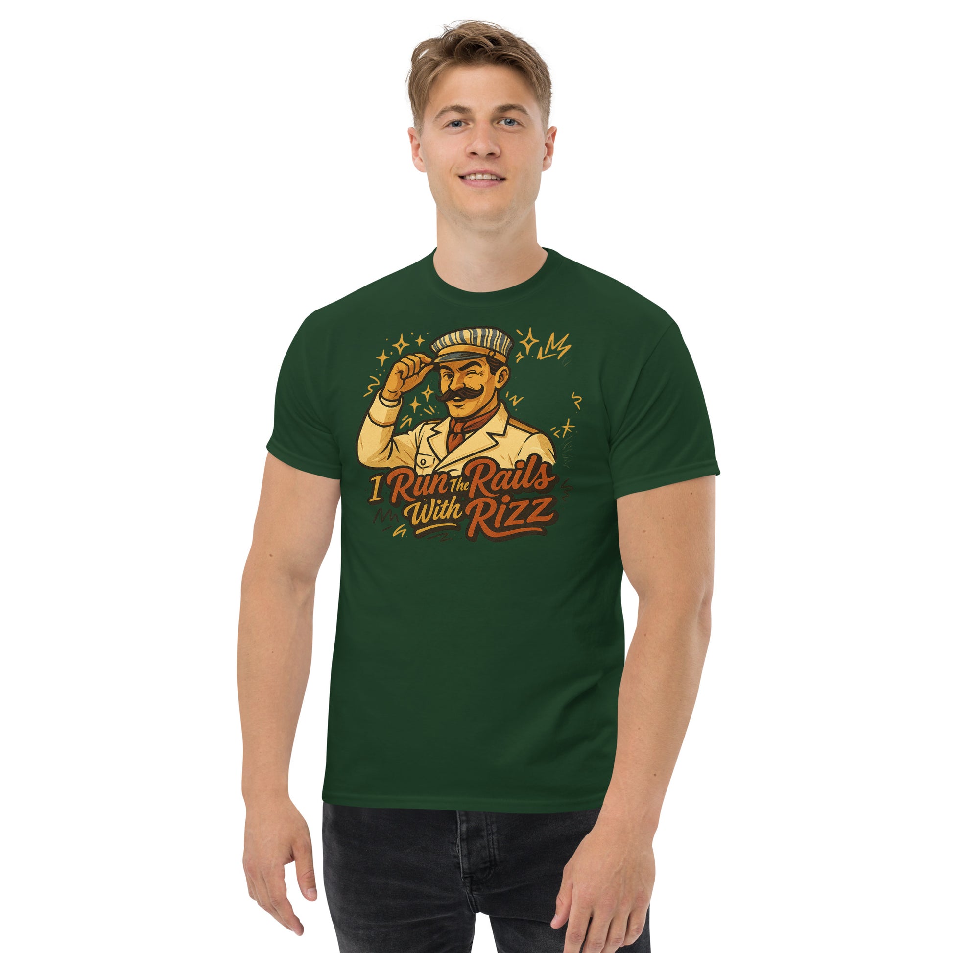 Man wearing a green t-shirt with a graphic design and text on a white background