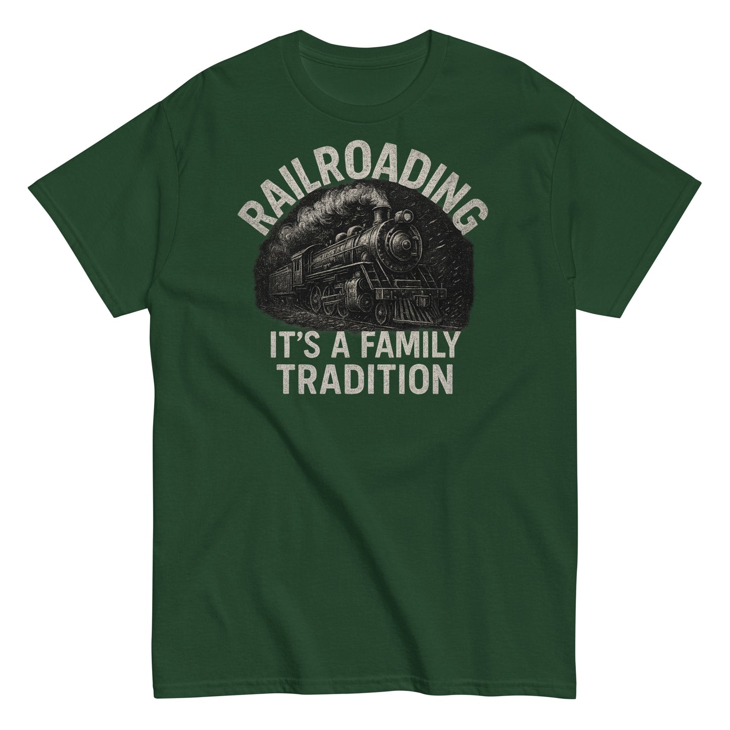 Green t-shirt with a graphic of a train and text 'Railroading It's a Family Tradition' on a white background