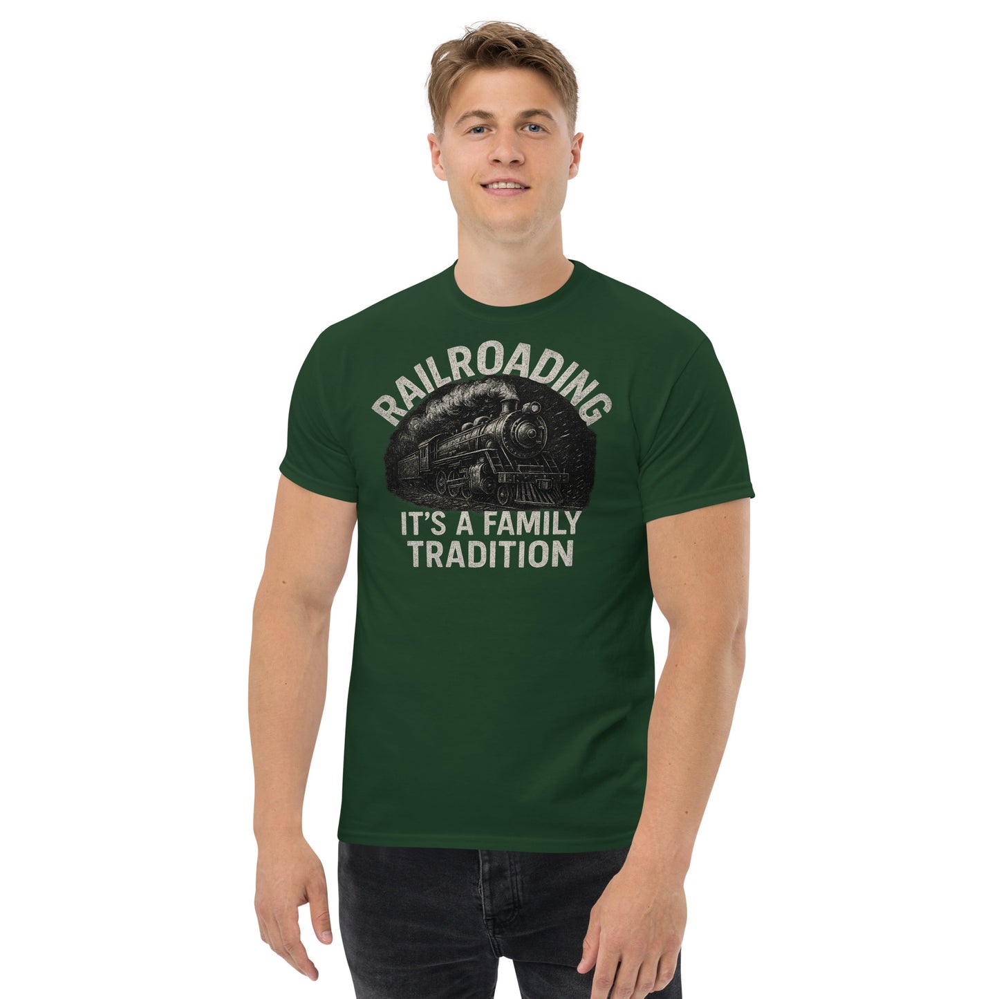 Man wearing a green t-shirt with a graphic and text on a white background