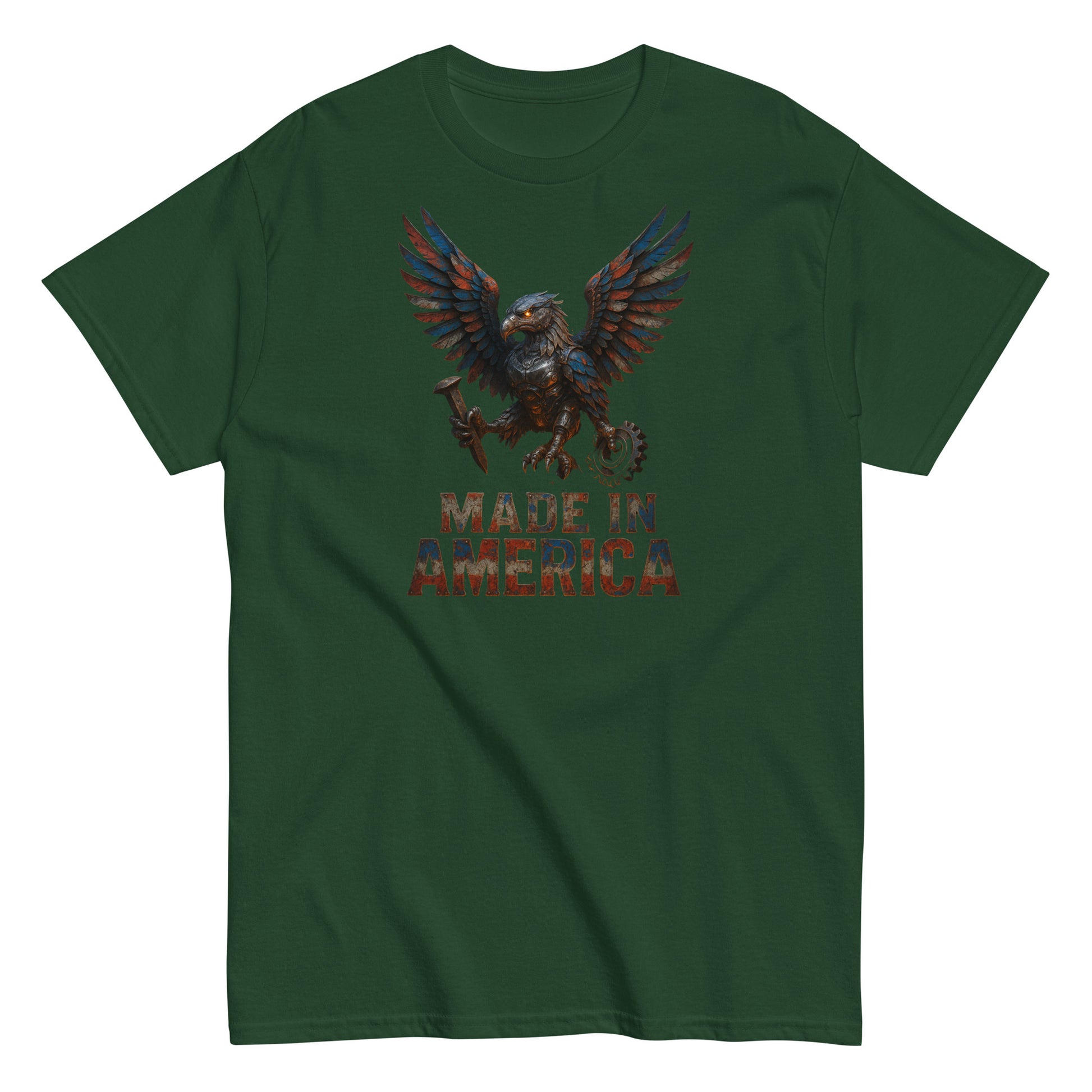 Green t-shirt with an eagle graphic and 'Made in America' text on a white background
