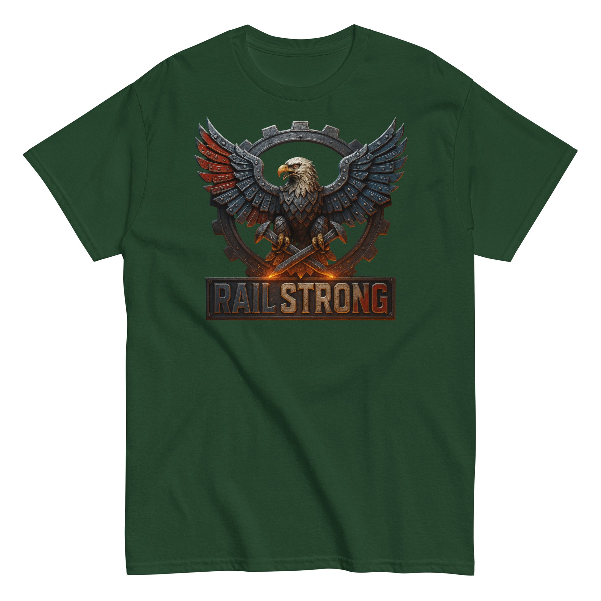 Green t-shirt with 'Rail Strong' graphic featuring an eagle and crossed swords on a white background