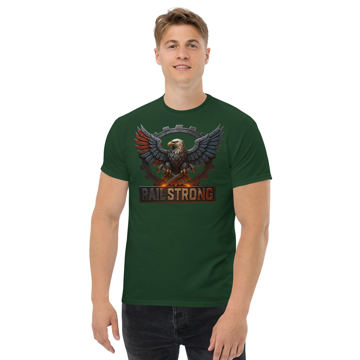 Man wearing a green t-shirt with an eagle graphic and 'Paw Strong' text on a white background