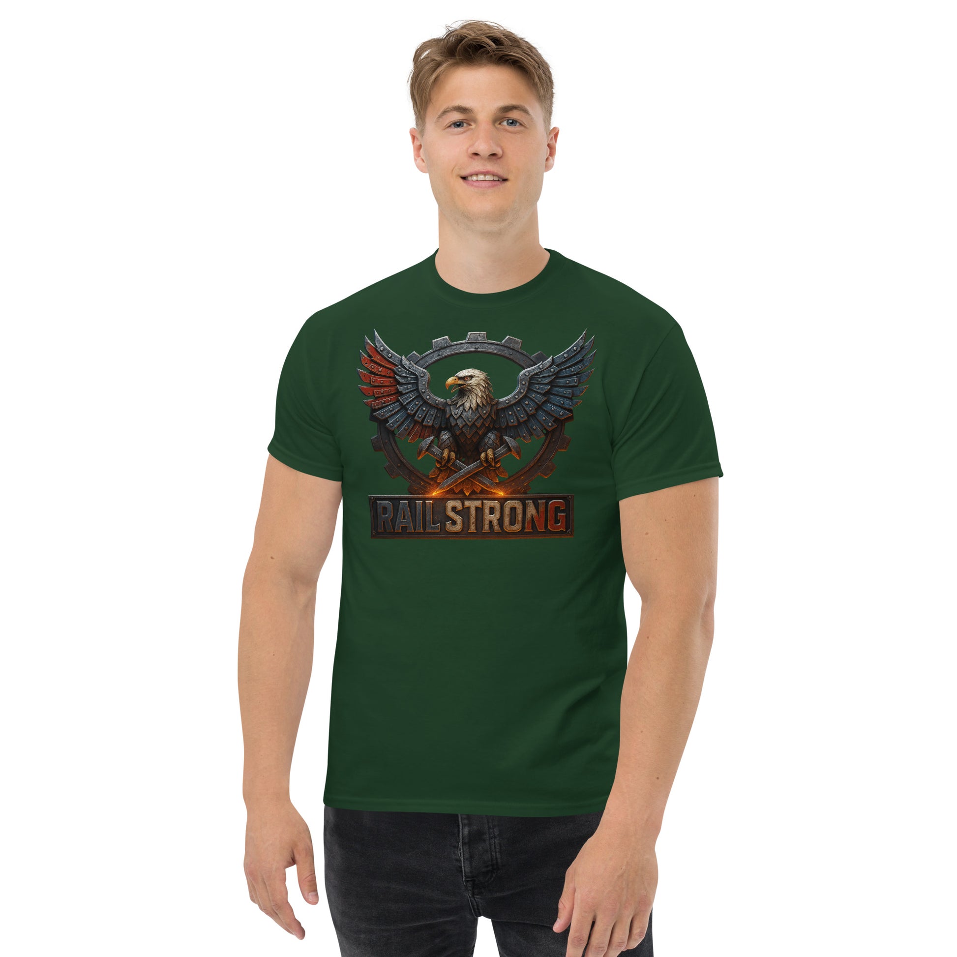Man wearing a green t-shirt with an eagle graphic and 'Paw Strong' text on a white background