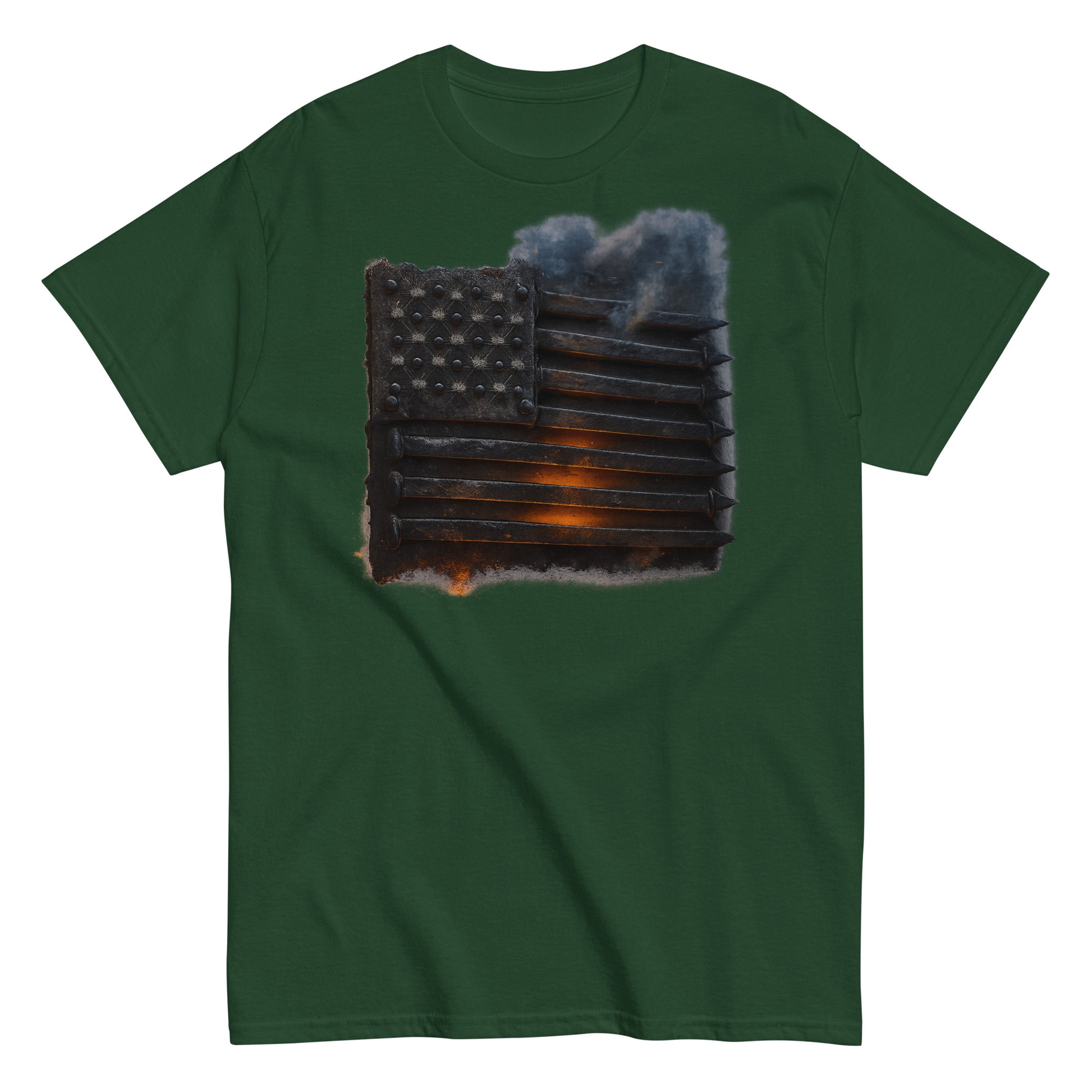 Green t-shirt with a graphic of a distressed American flag on a white background