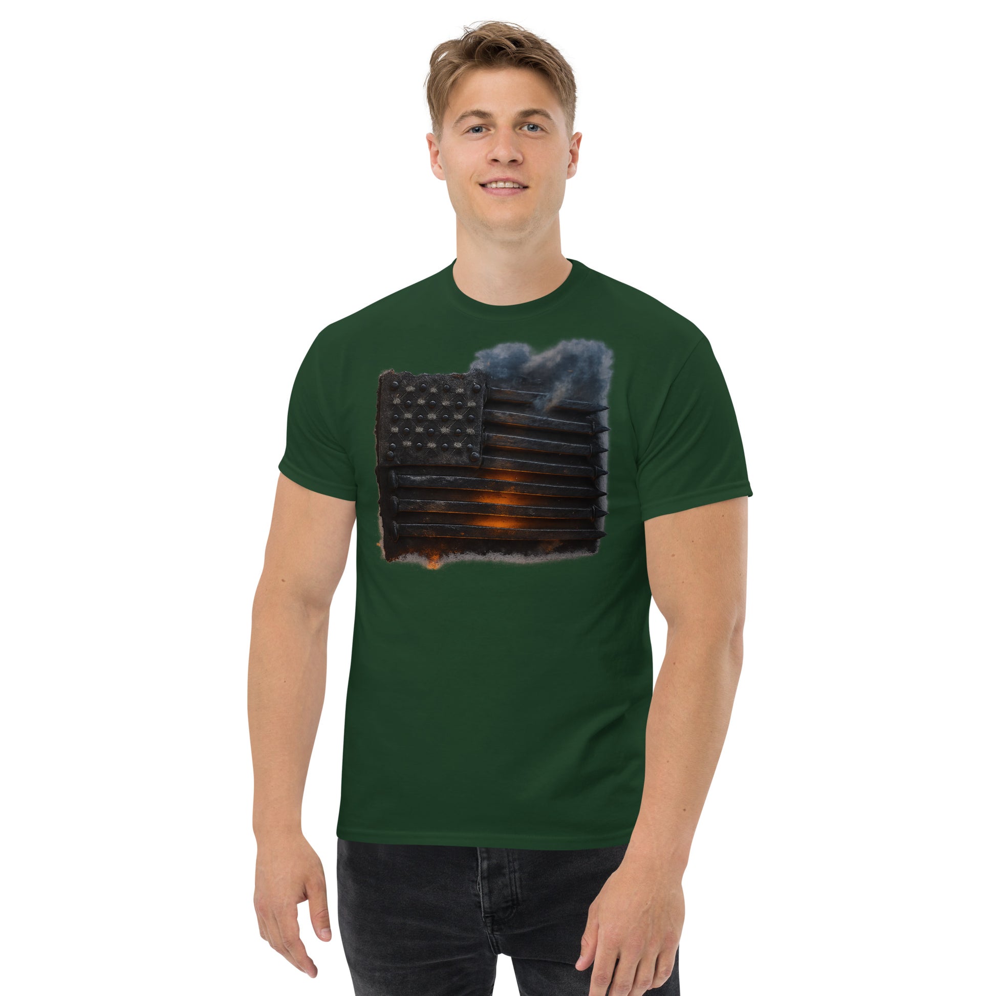 Man wearing a green t-shirt with a graphic design on a white background