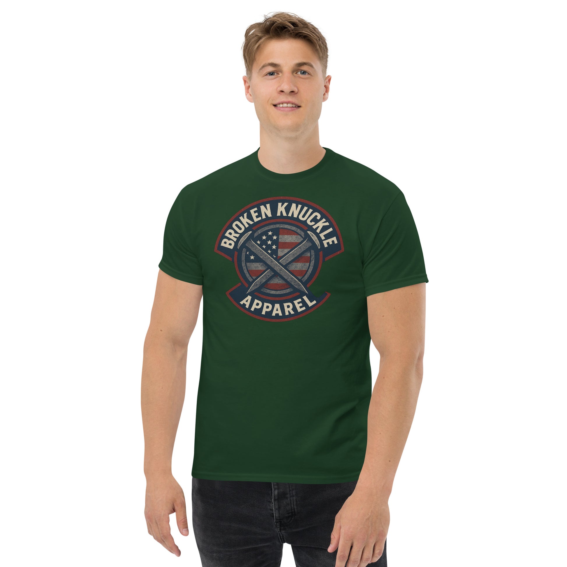 Man wearing a green t-shirt with 'Broken Knuckle Apparel' logo on a white background