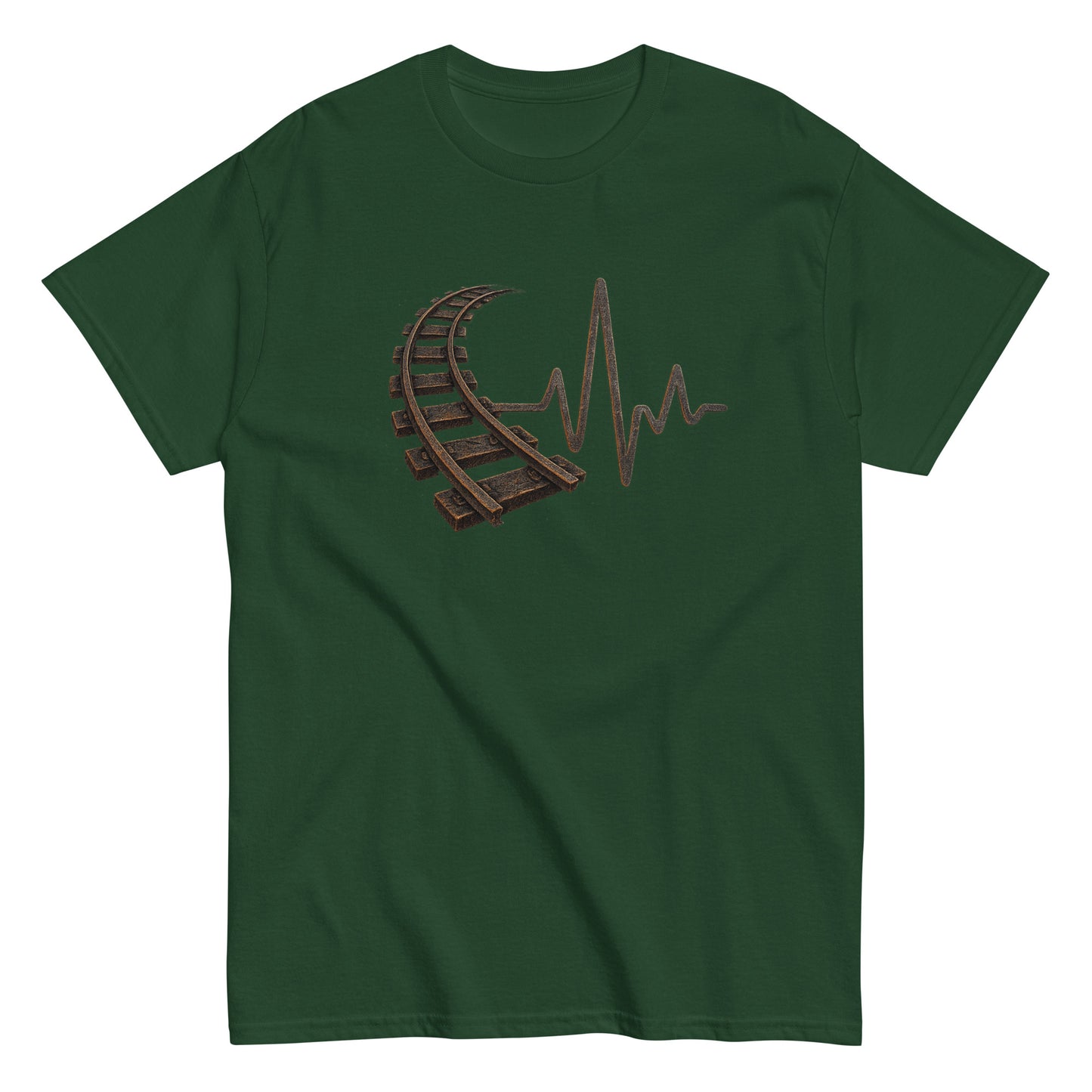 Green t-shirt with a心跳beat design on a white background