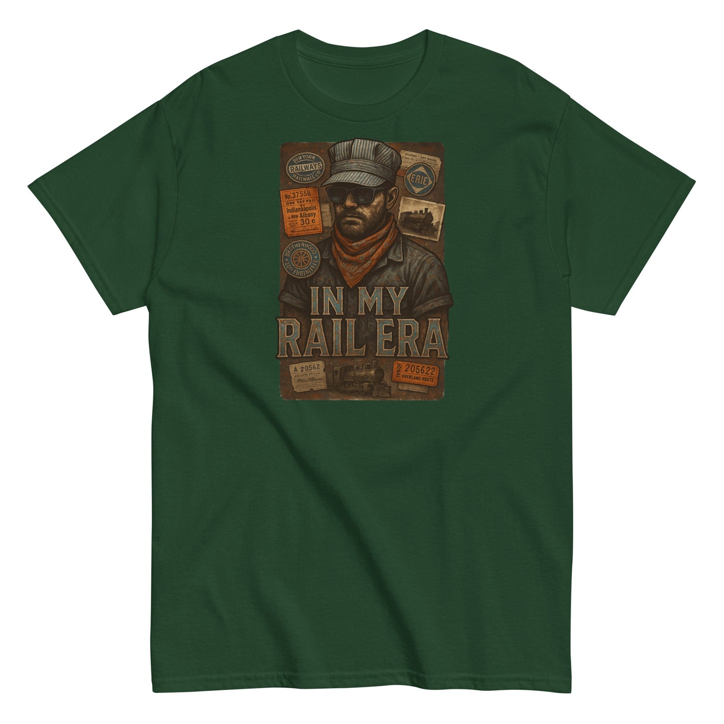 Green t-shirt with a graphic design featuring a man and text 'In My Rail Era' on a white background.