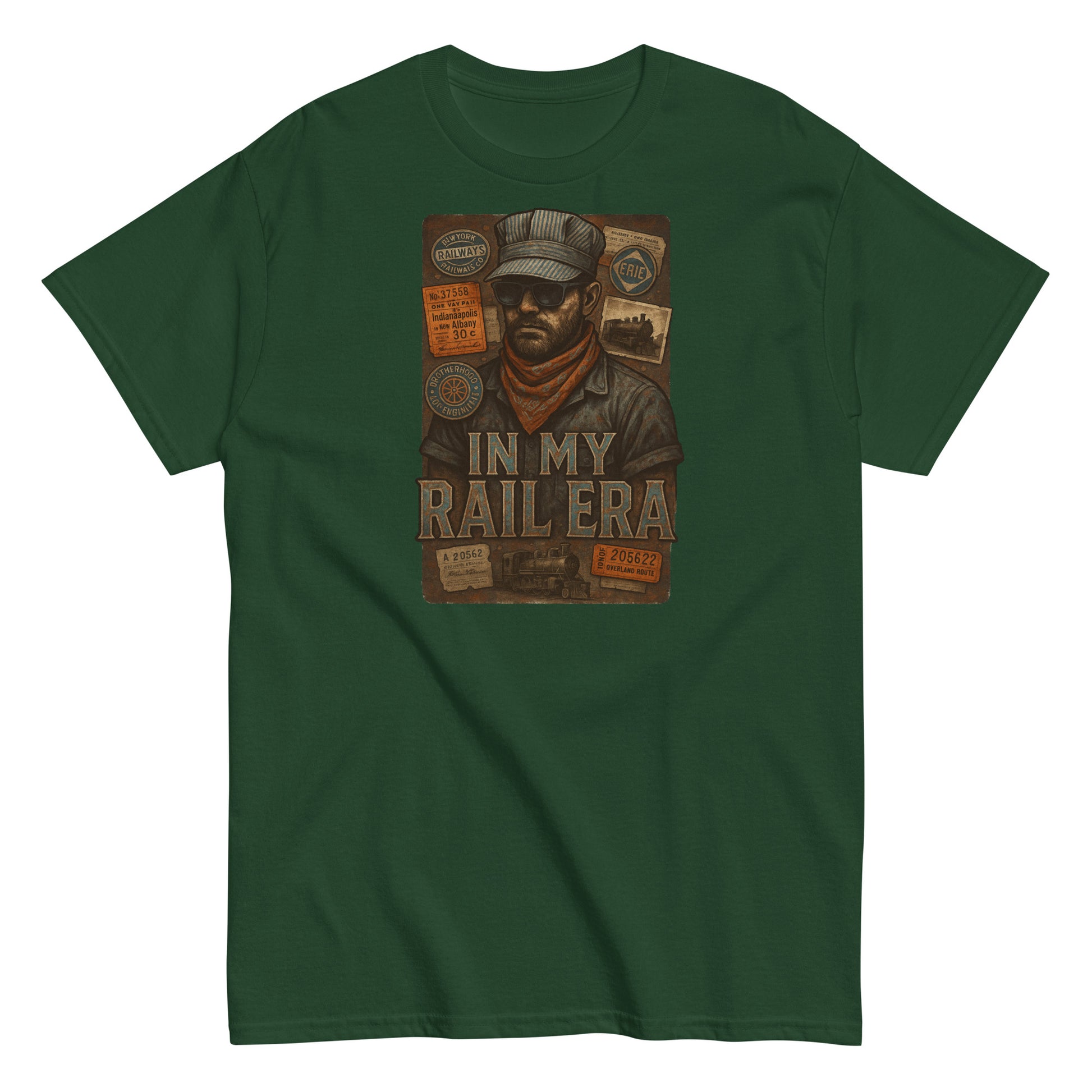 Green t-shirt with a graphic design featuring a man and text 'In My Rail Era' on a white background.
