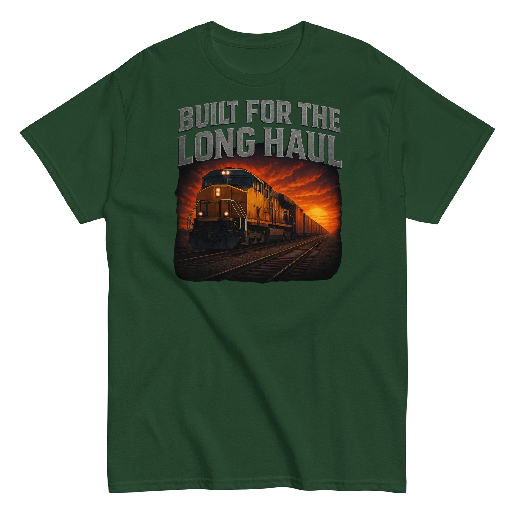 Green t-shirt with a train graphic and 'Built for the Long Haul' text on a white background