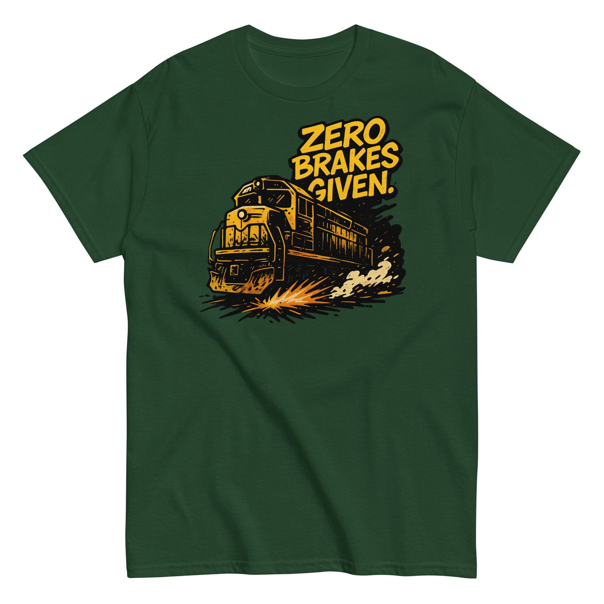 Green t-shirt with a train graphic and 'Zero Brakes Given' text on a white background