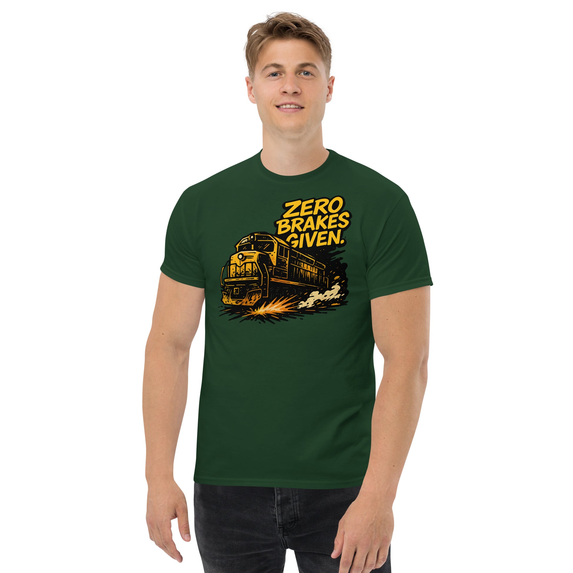 Man wearing a green t-shirt with a train graphic and 'Zero Brakes Given' text on a white background