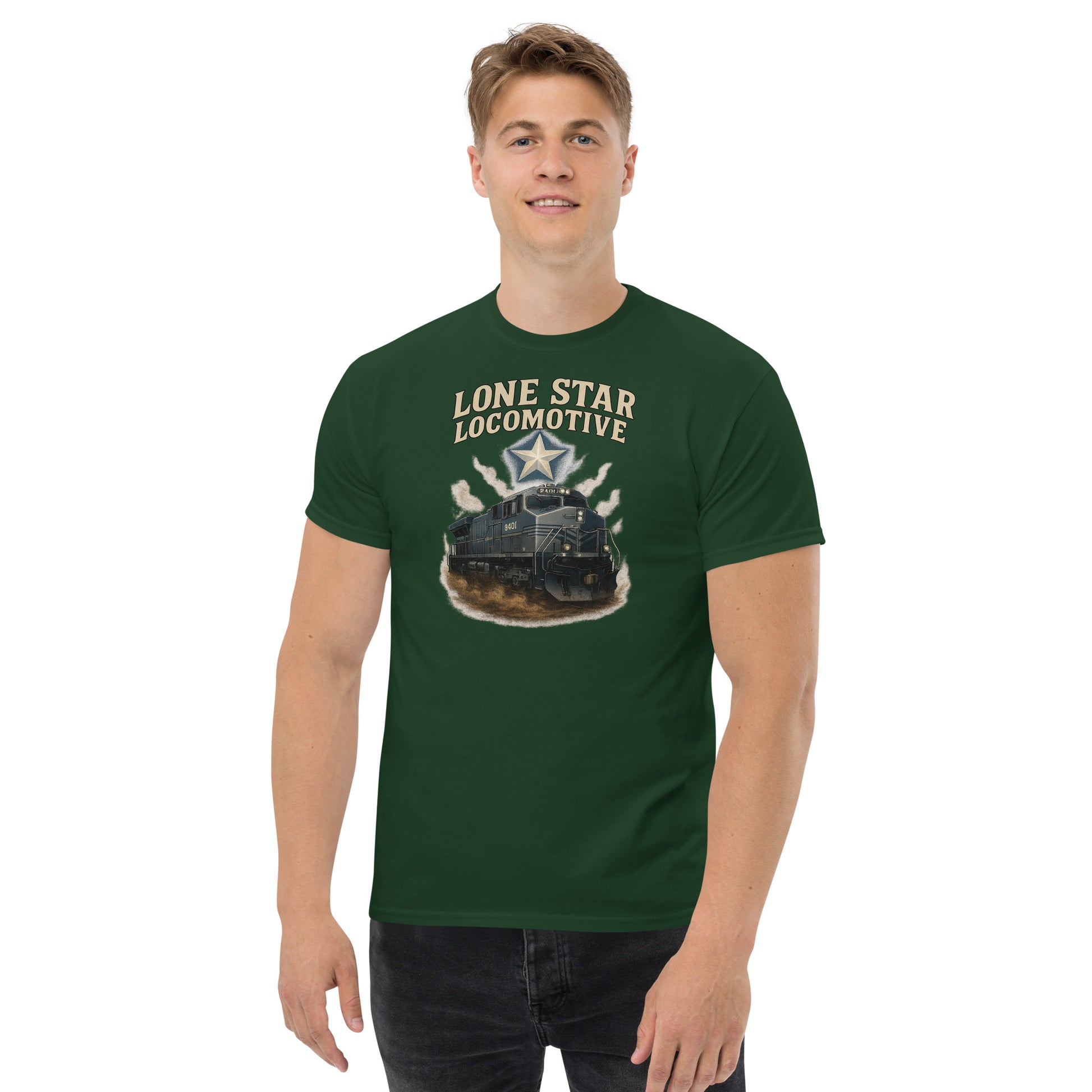 Man wearing a green t-shirt with 'Lone Star Locomotive' design on a white background