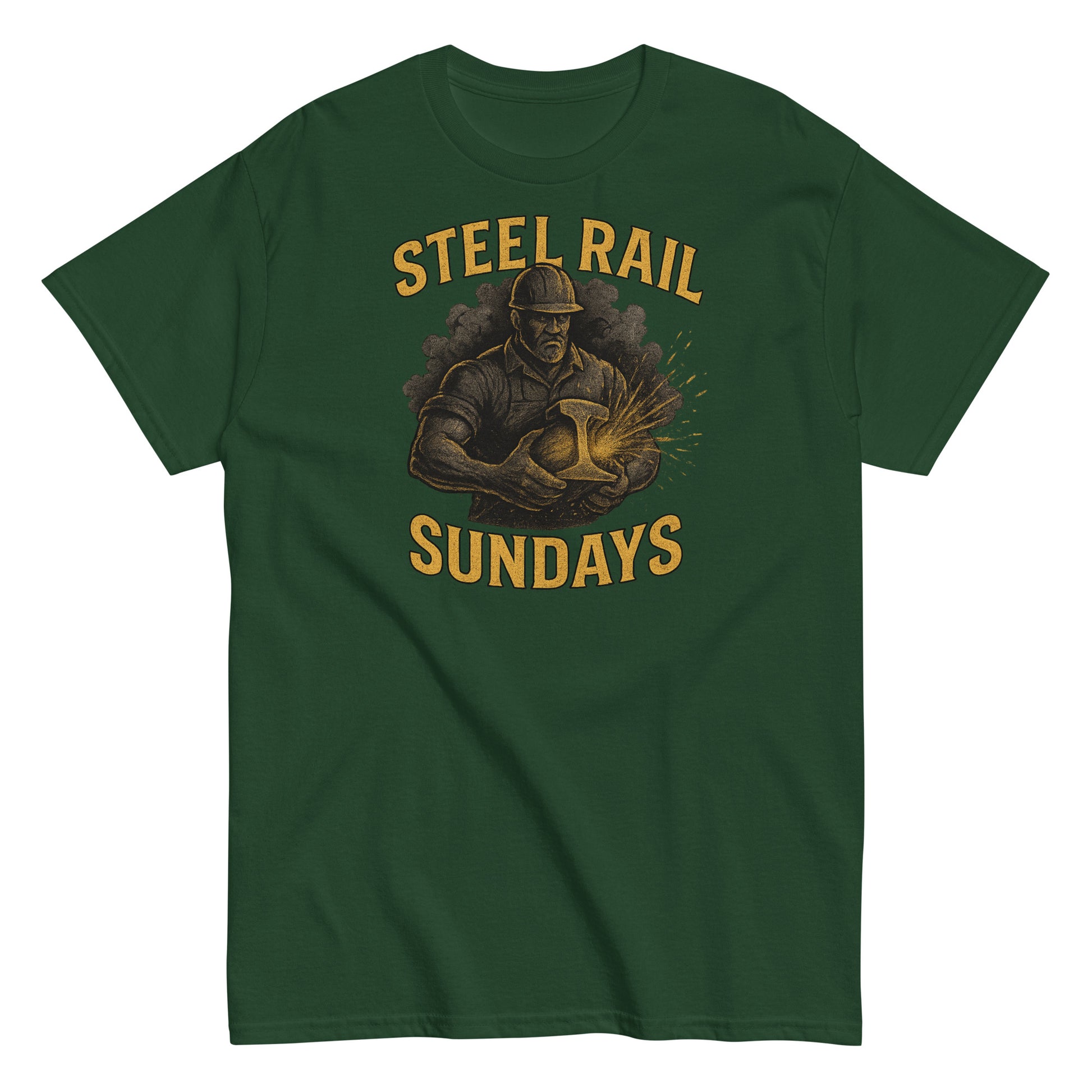 Green t-shirt with 'Steel Rail Sundays' graphic design on a white background