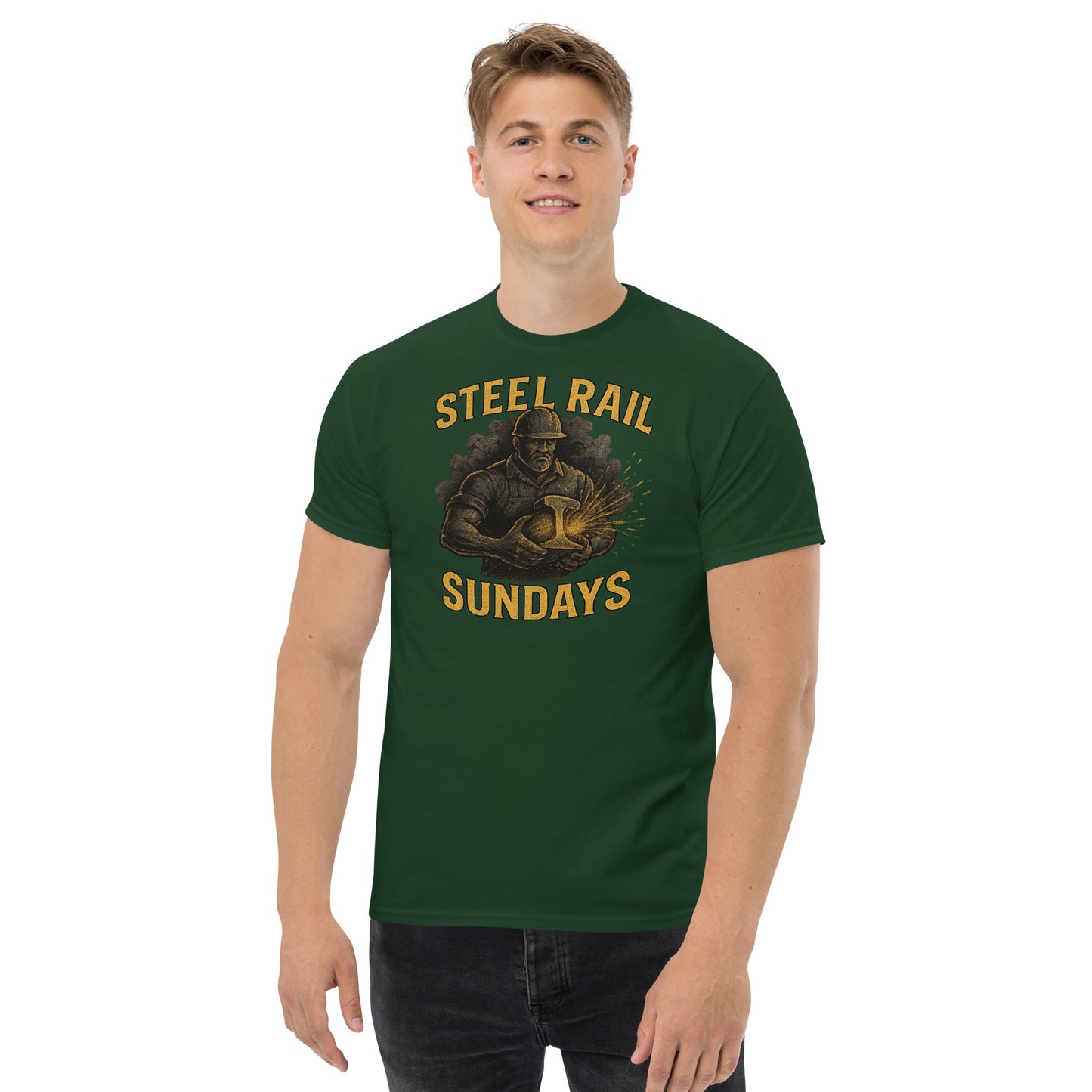 Man wearing a green t-shirt with 'Steel Rail Sundays' graphic design on a white background