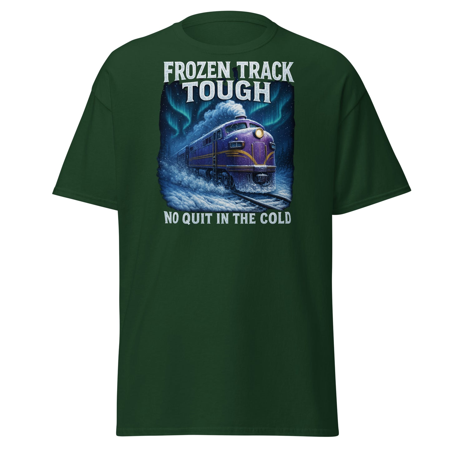 Green t-shirt with a train graphic and text 'Frozen Track Tough No Quit in the Cold' on a white background
