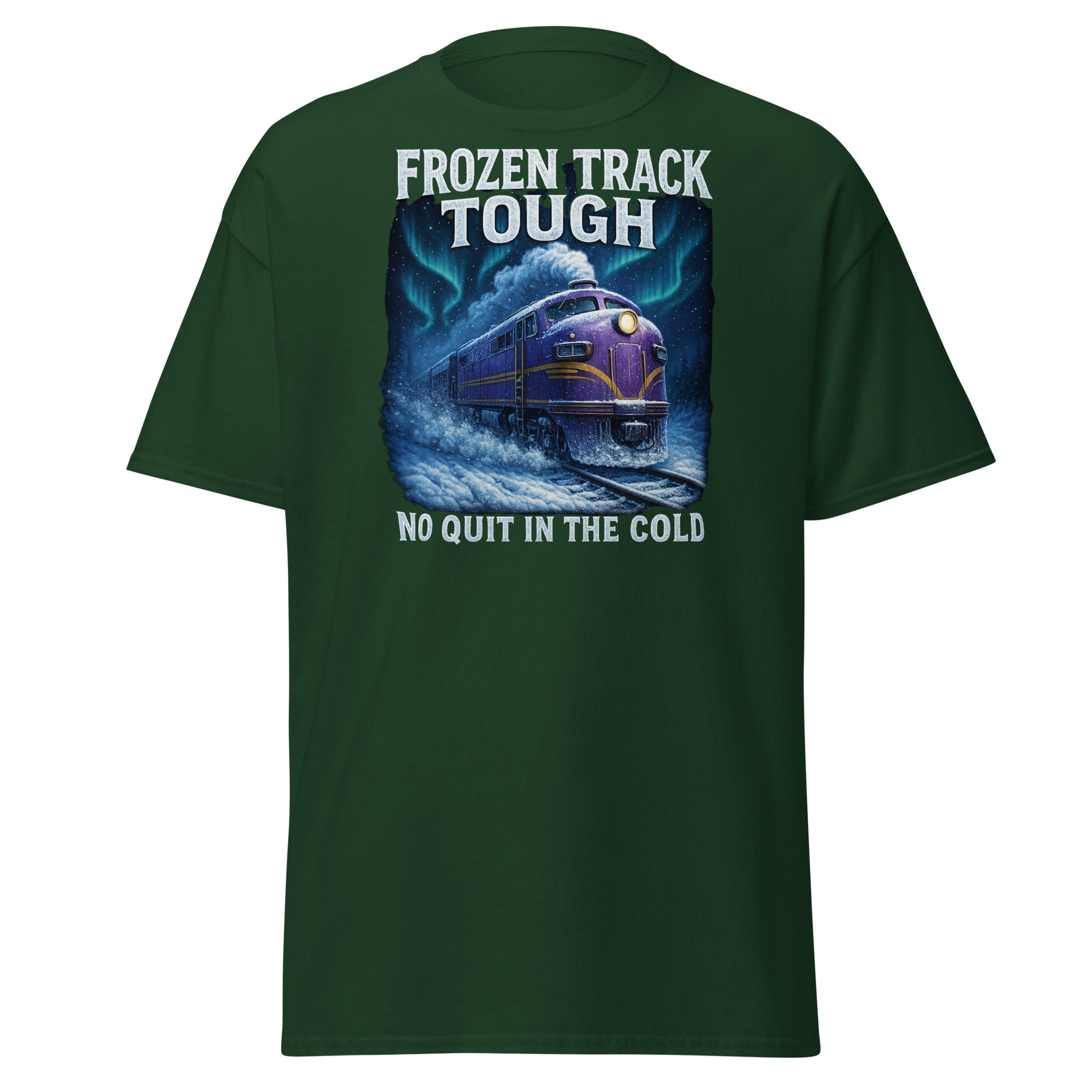 Green t-shirt with a train graphic and text 'Frozen Track Tough No Quit in the Cold' on a white background