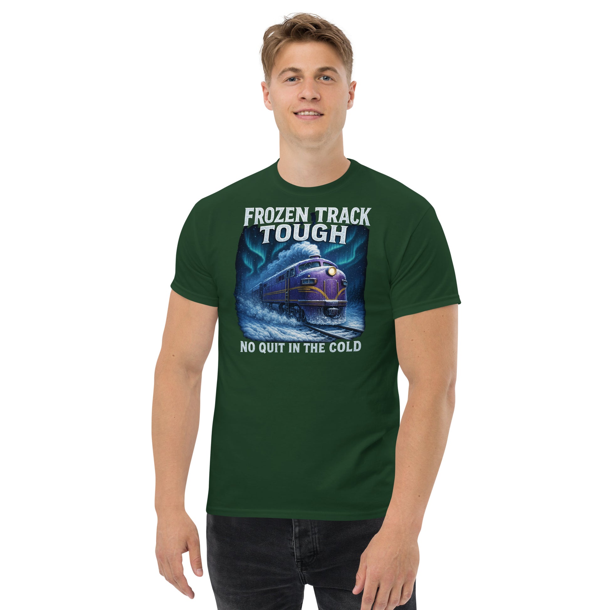 Person wearing a green t-shirt with a graphic design and text on a white background