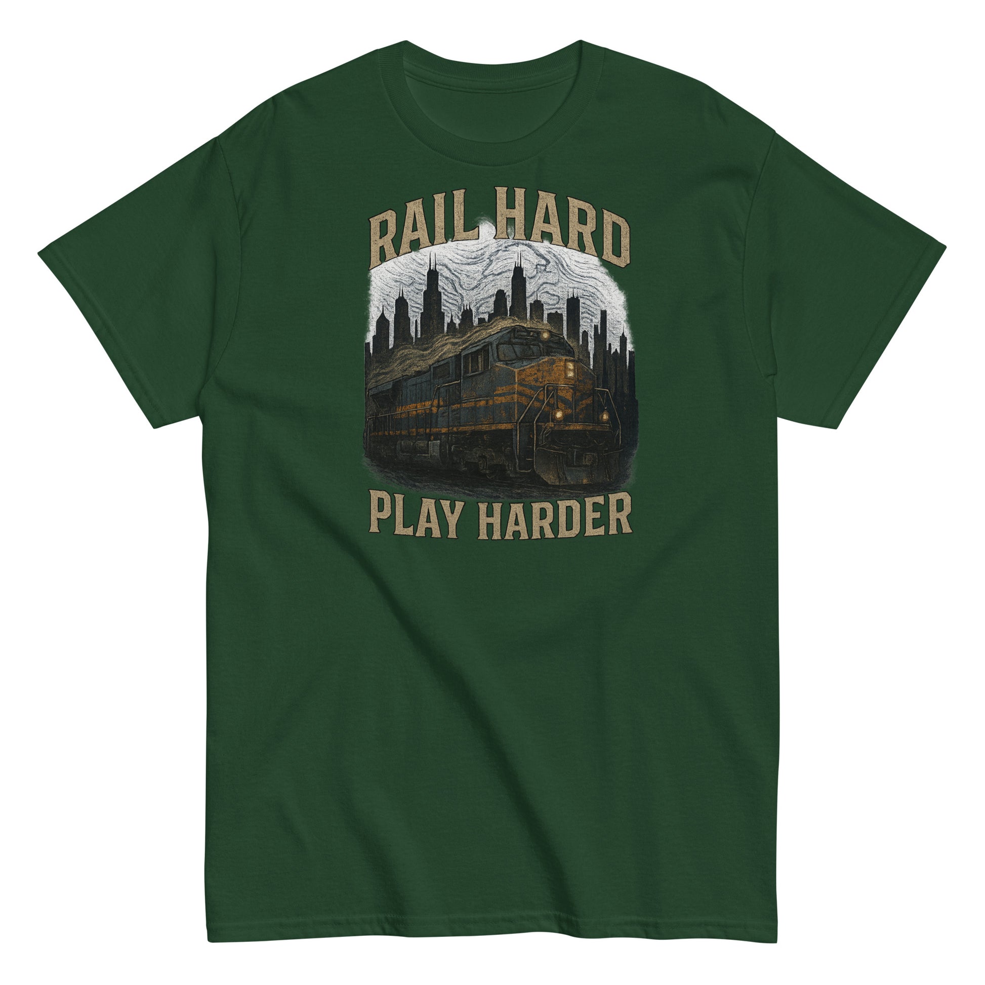 Green t-shirt with a graphic design and text 'Rail Hard Play Harder' on a white background