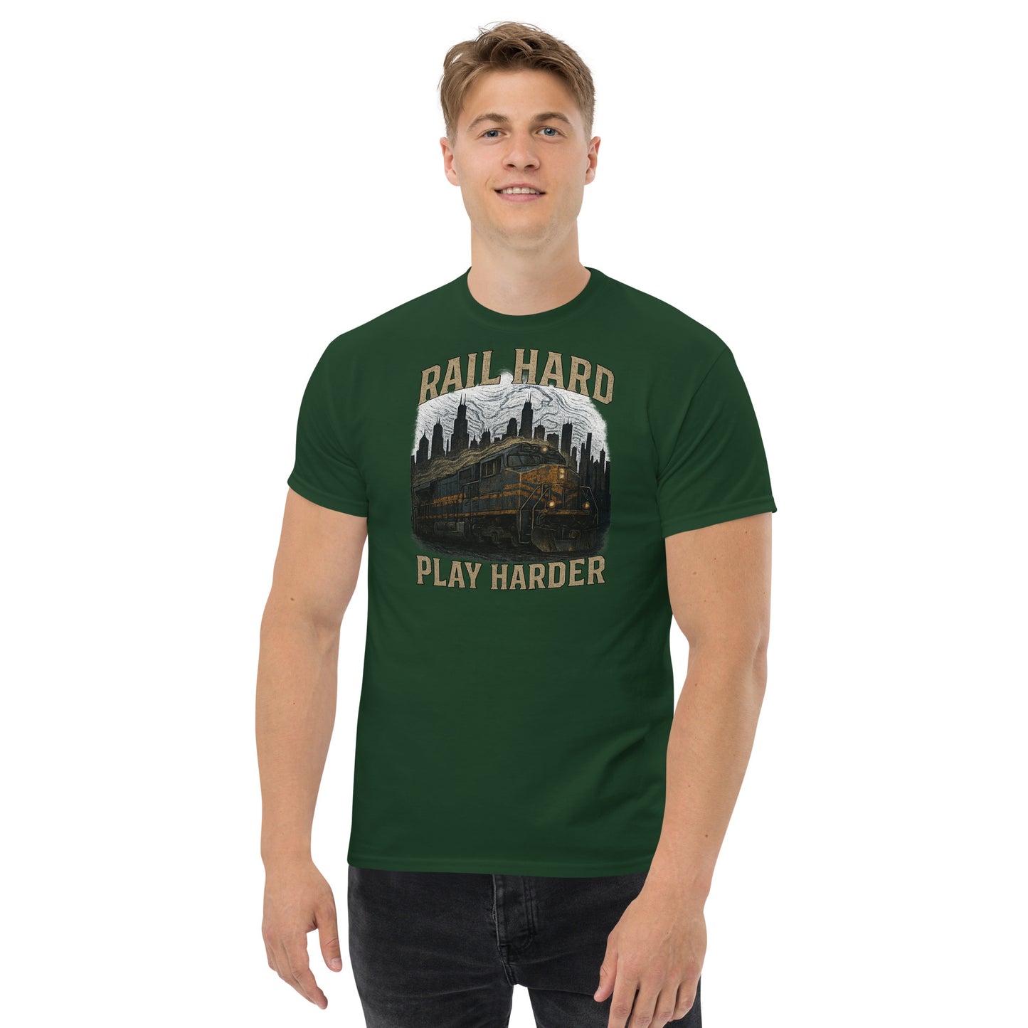 Man wearing a green t-shirt with graphic design and text on a white background