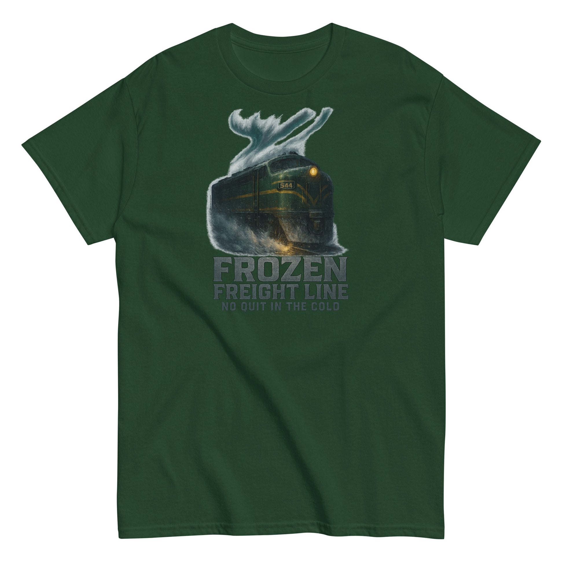 Green t-shirt with a graphic design of a train and text 'Frozen Freight Line' on a white background