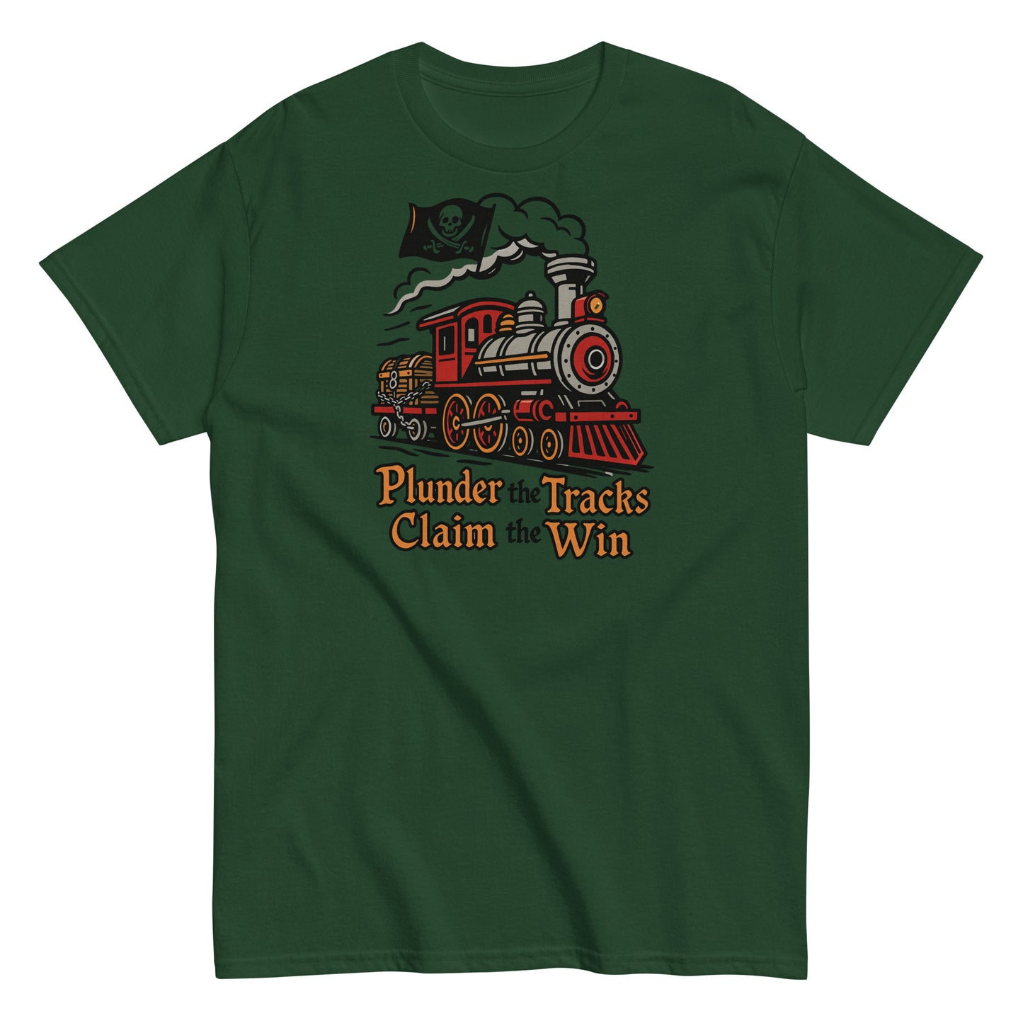 Green t-shirt with a train graphic and text on a white background