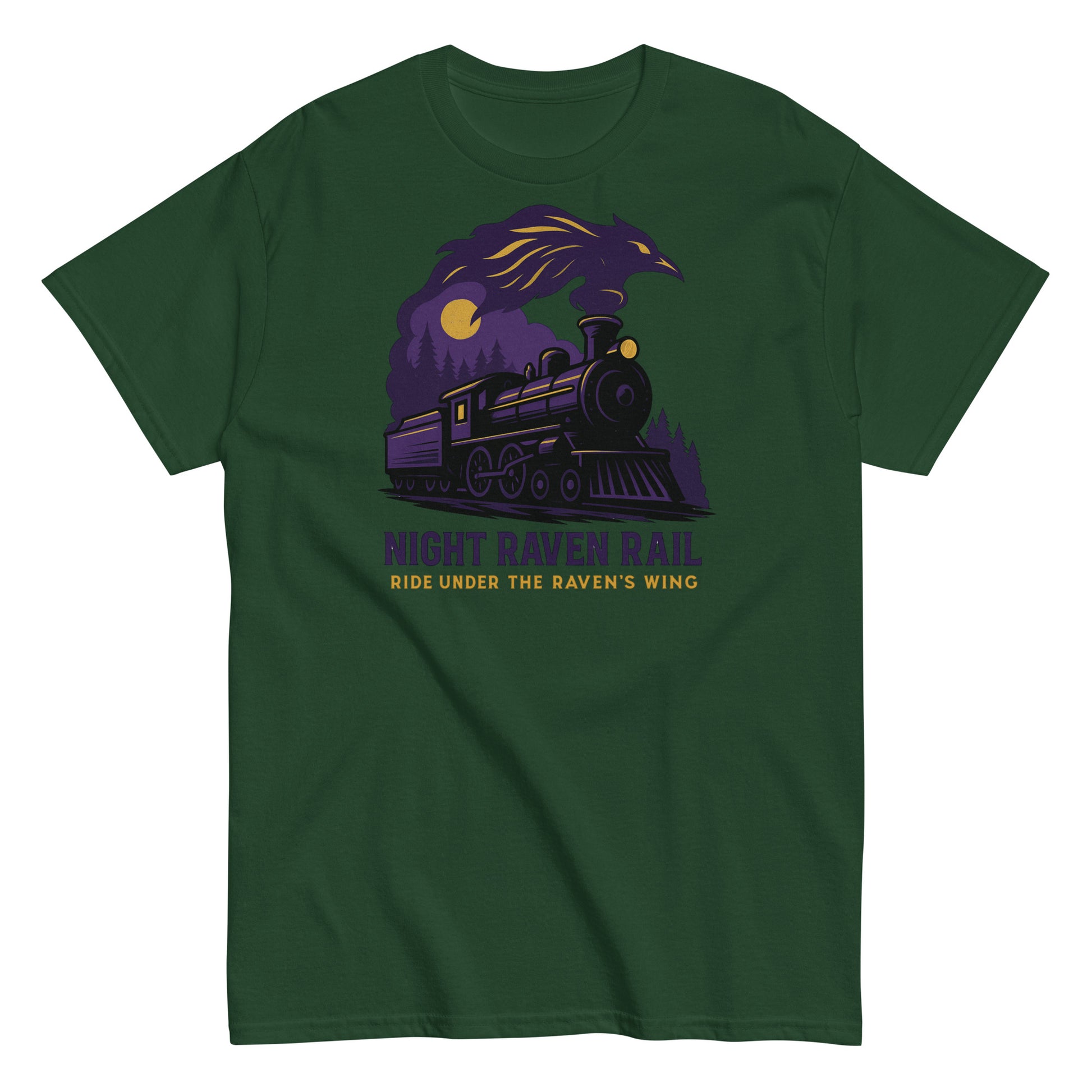 Green t-shirt with a purple train graphic and text on a white background