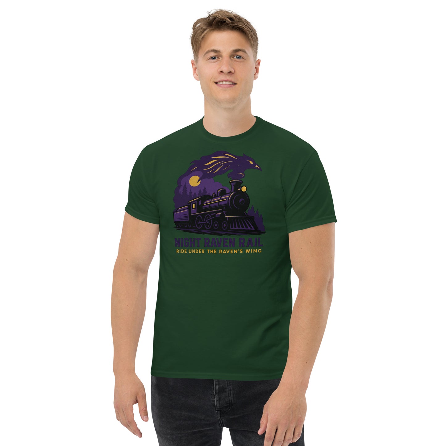 Man wearing a green t-shirt with a purple train graphic and text on a white background