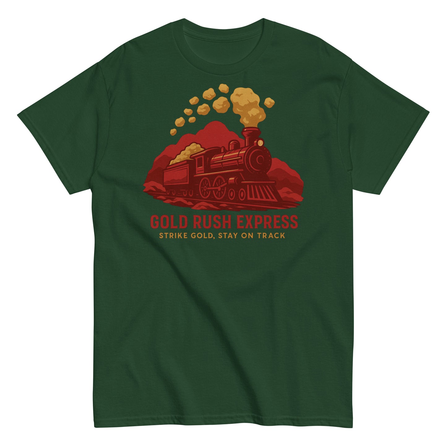 Green t-shirt with a red train graphic and 'Gold Rush Express' text on a white background