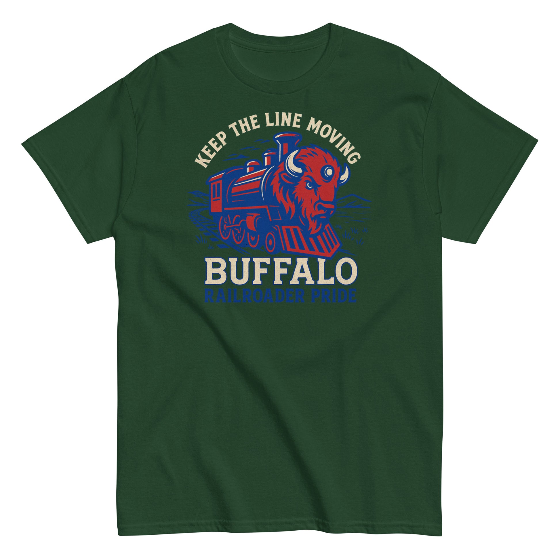 Green t-shirt with a graphic of a train and buffalo, text 'Keep the Line Moving Buffalo', on a white background.