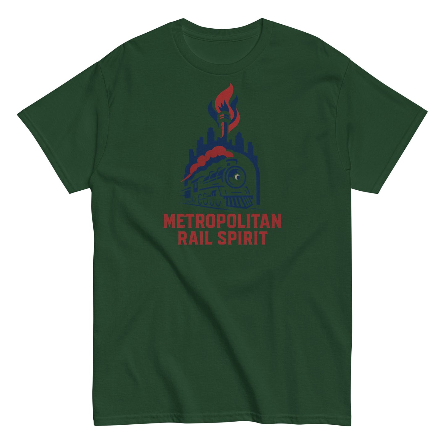 Green t-shirt with 'Metropolitan Rail Spirit' design on a white background