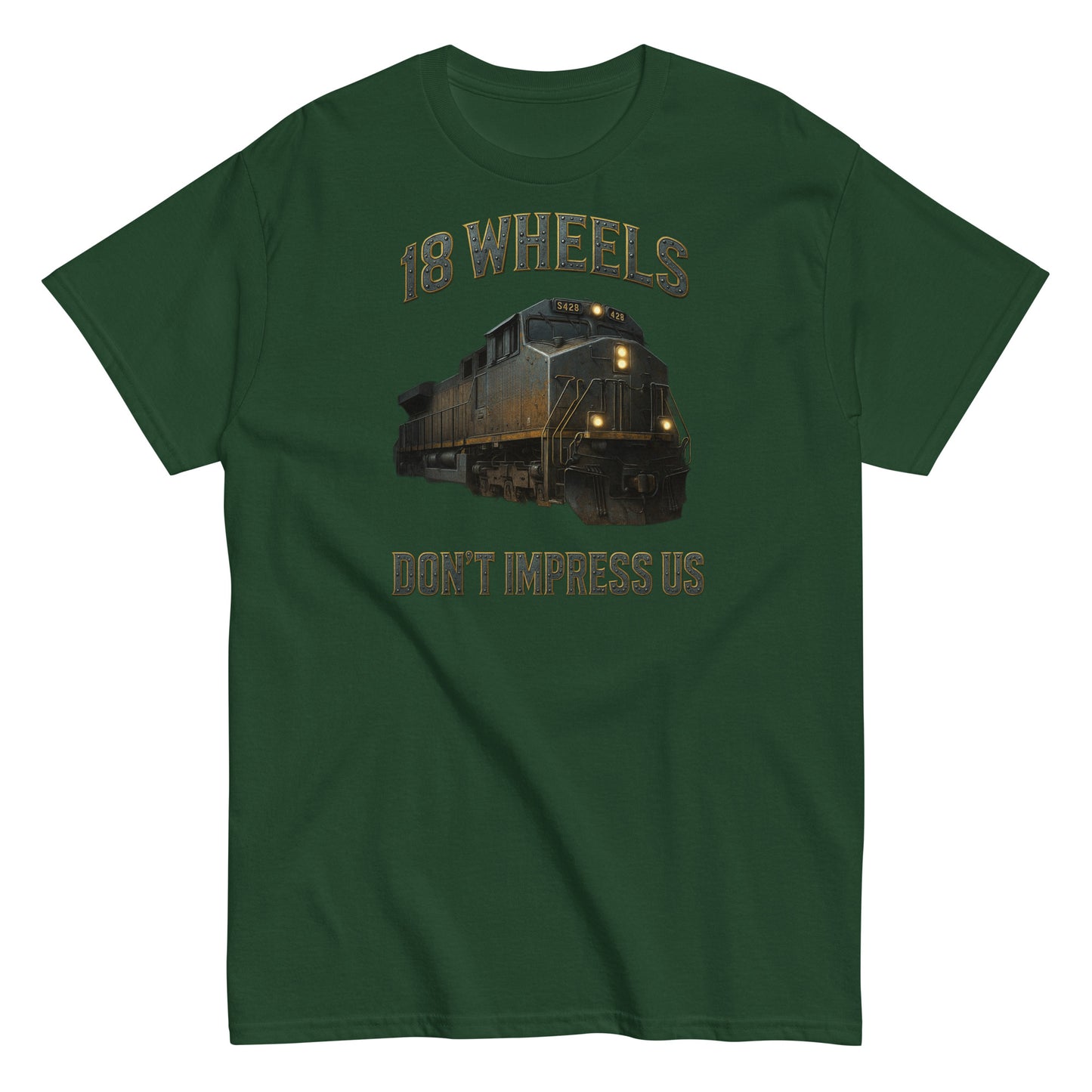 Green t-shirt with a train graphic and text on a white background
