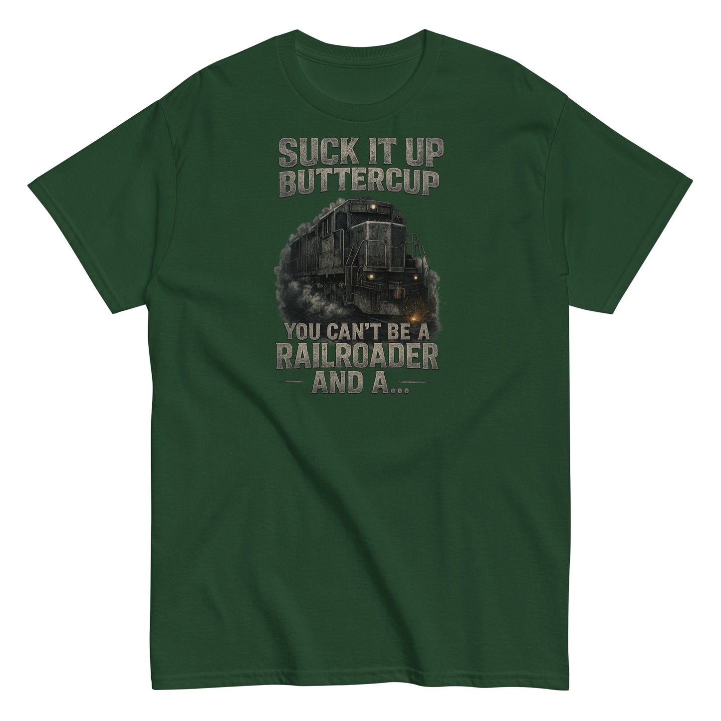 Green t-shirt with a graphic of a train and text on a white background
