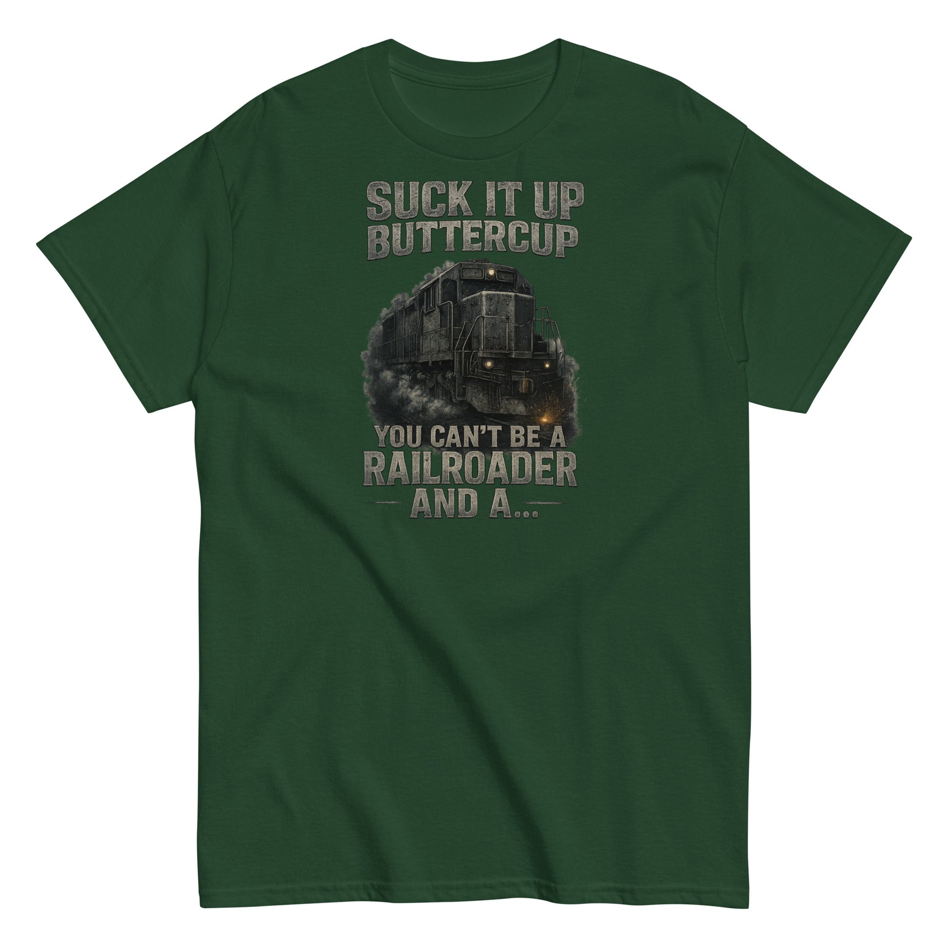 Green t-shirt with a graphic of a train and text on a white background