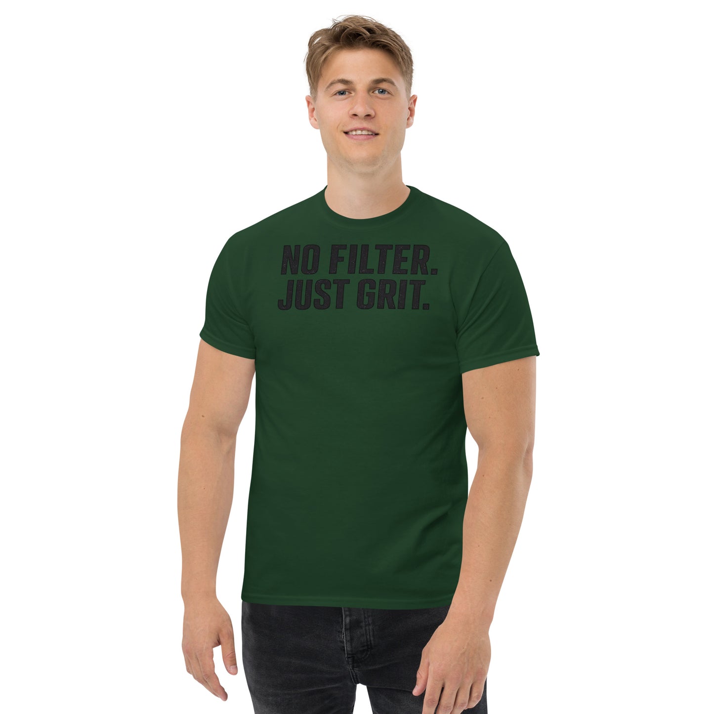 Man wearing a green t-shirt with 'NO FILTER. JUST GRIT.' text on a white background