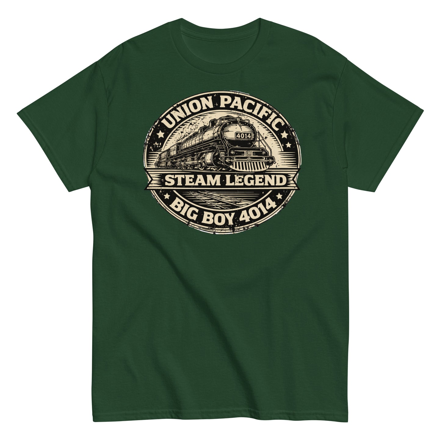 Green t-shirt with Union Pacific steam locomotive design on a white background