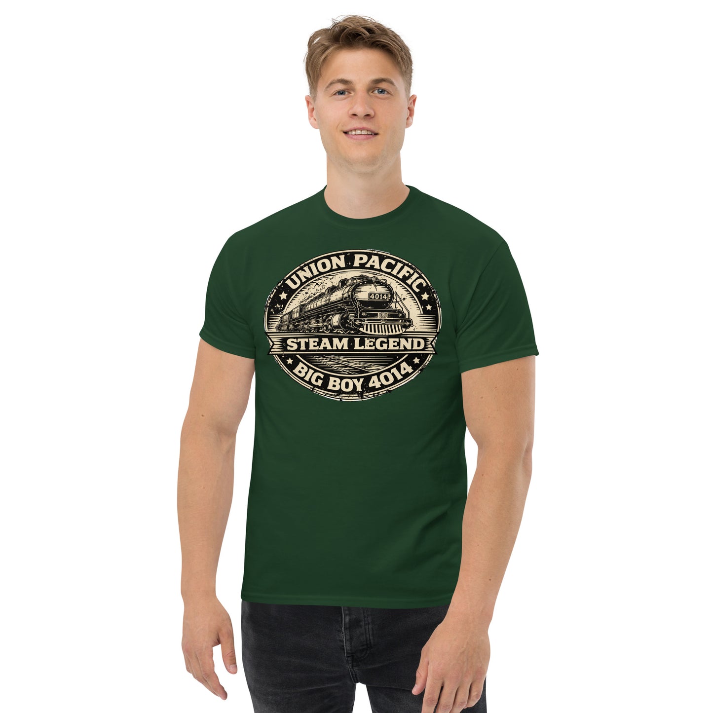 green t-shirt with Union Pacific steam locomotive graphic on a white background