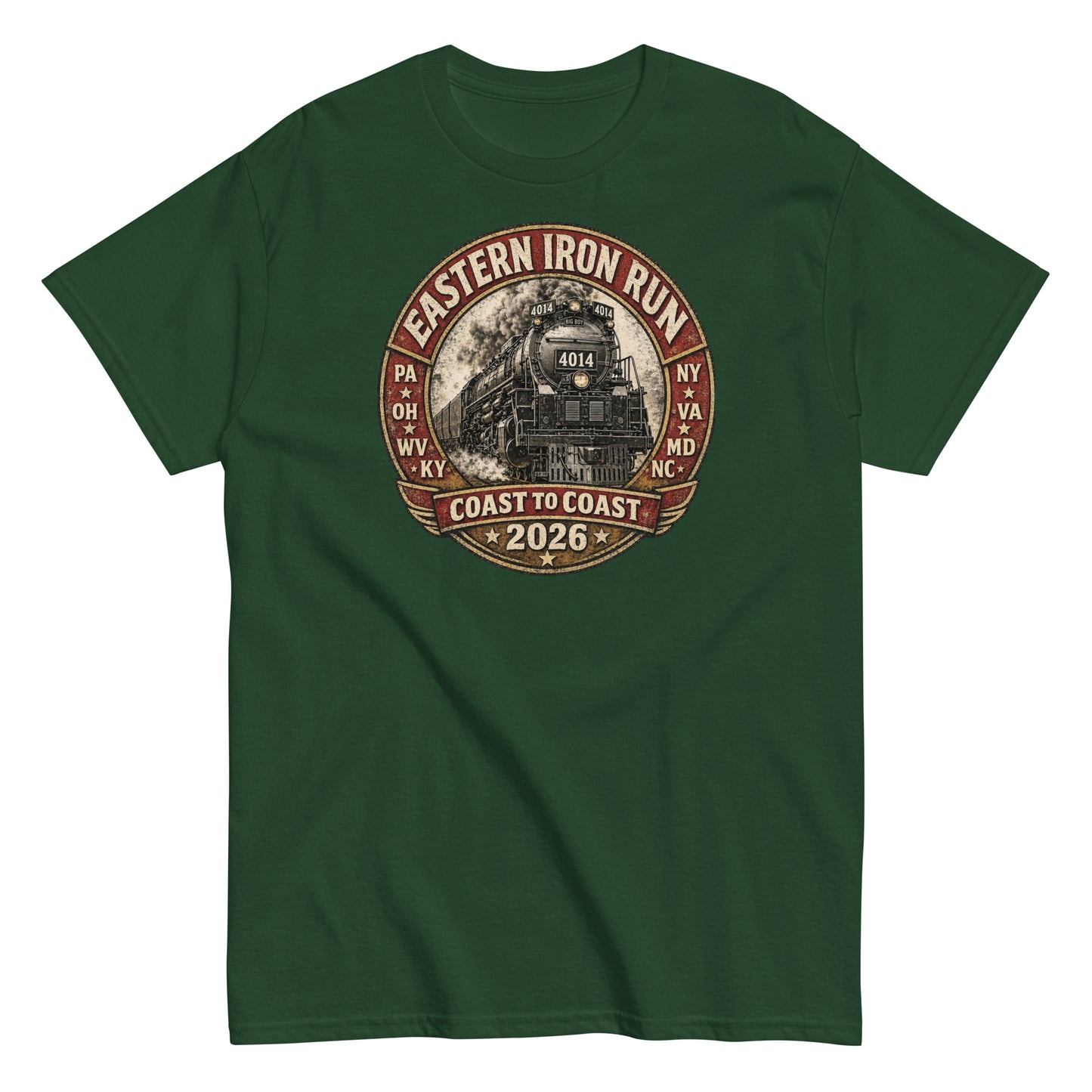 Green t-shirt featuring a vintage graphic of the Union Pacific Big Boy 4014 steam locomotive