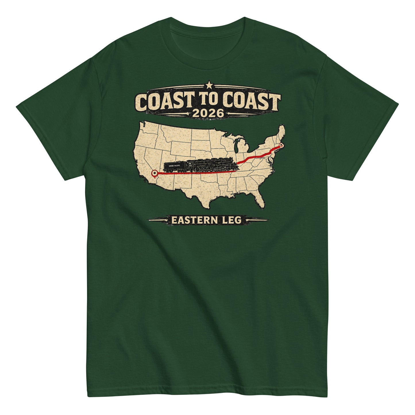 Green t-shirt with a map of the United States and text 'Coast to Coast 2026 Eastern Leg' on a white background