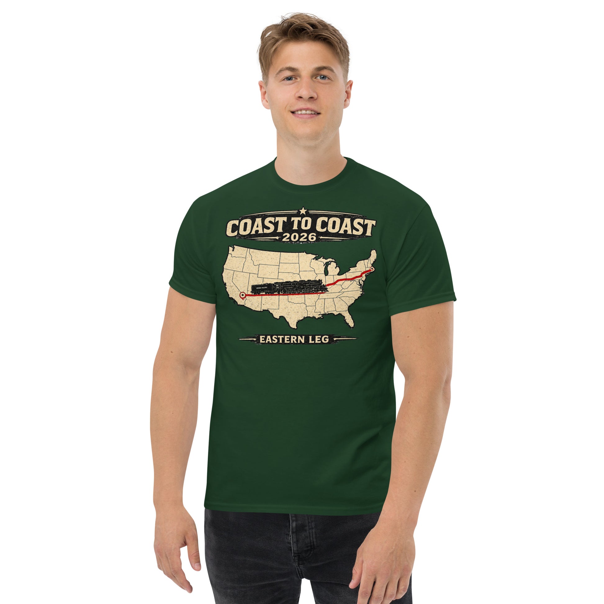 Man wearing a green t-shirt with a map design and text on a white background