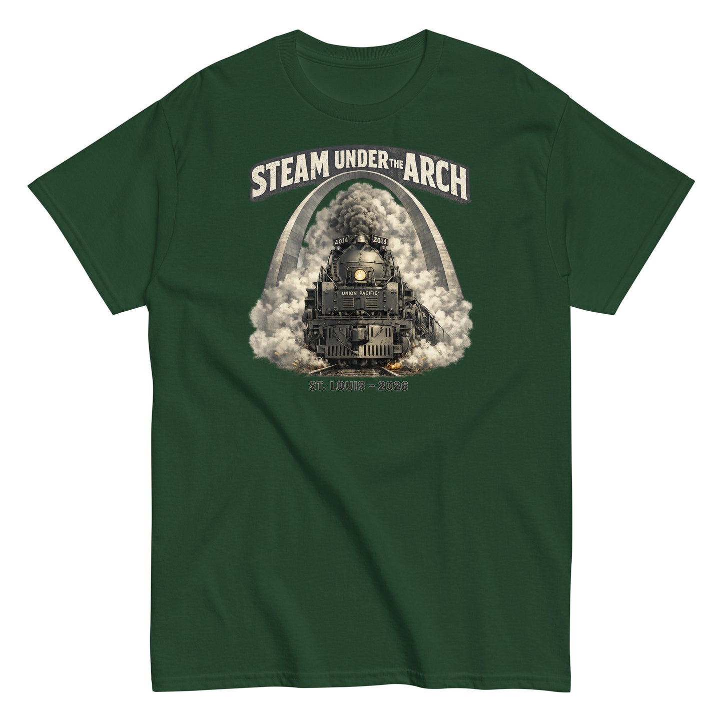 Green t-shirt featuring the Big Boy 4014 steam locomotive under the St. Louis Gateway Arch, with text reading "Steam Under The Arch" and "St. Louis - 2026".