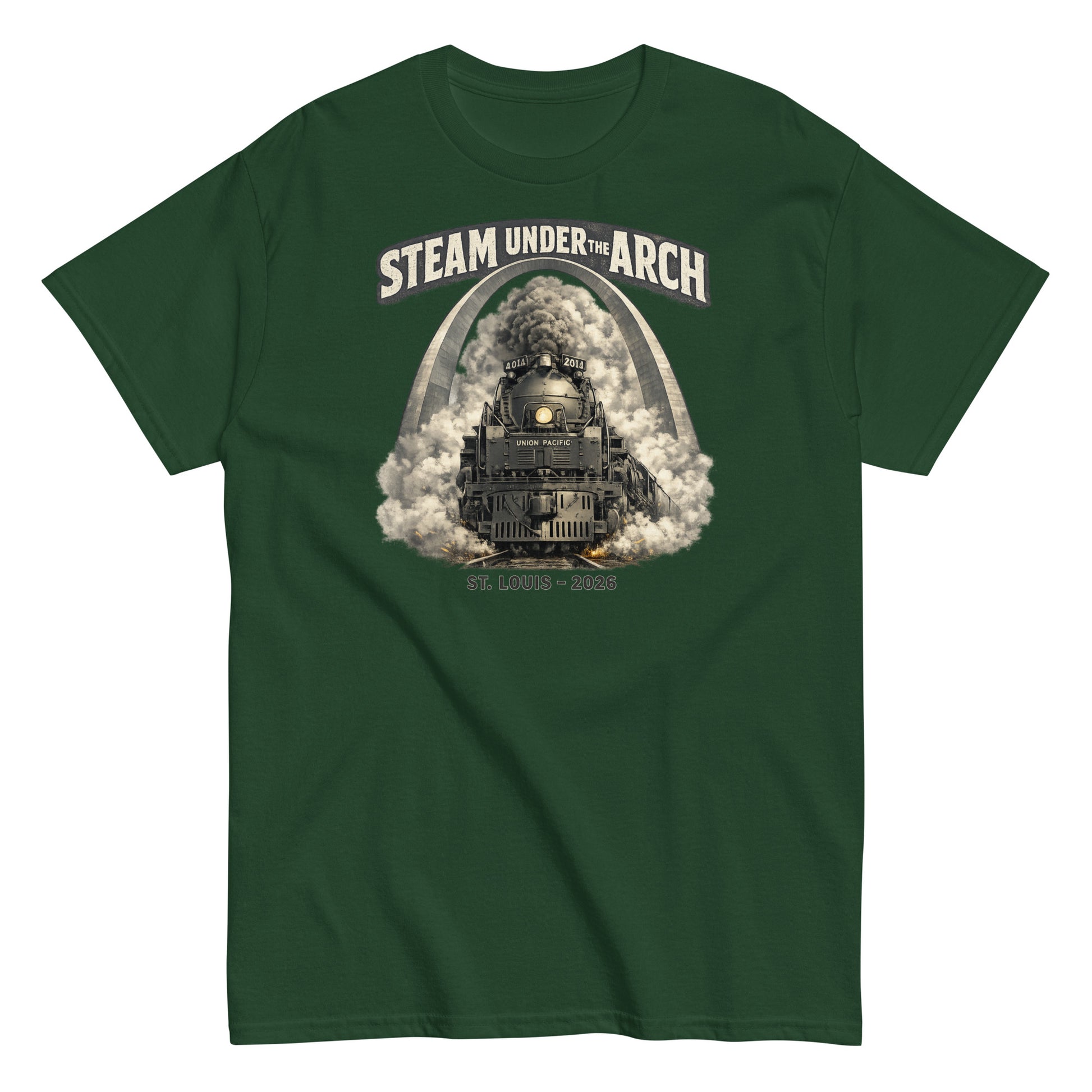 Green t-shirt featuring the Big Boy 4014 steam locomotive under the St. Louis Gateway Arch, with text reading "Steam Under The Arch" and "St. Louis - 2026".