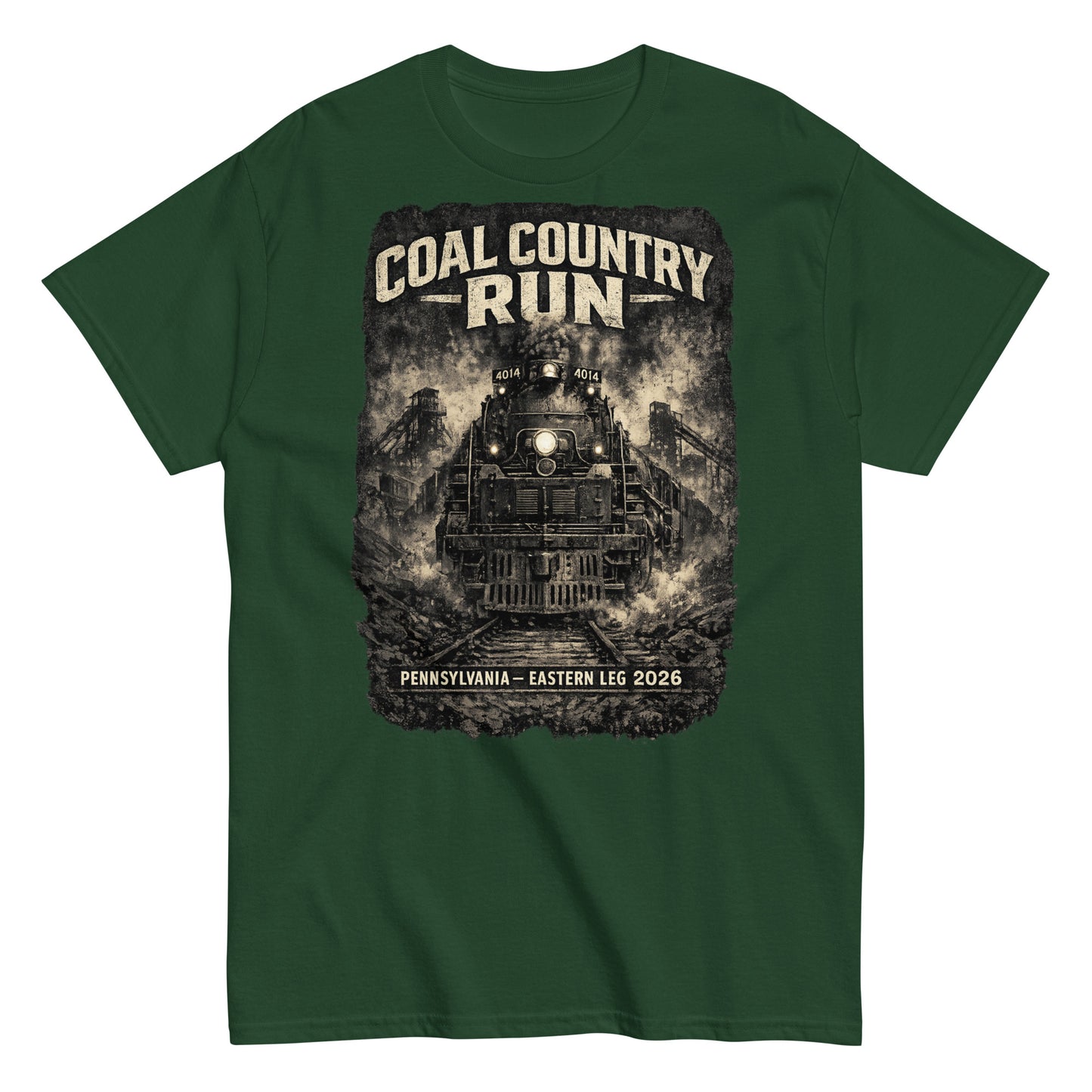 Forest green t-shirt featuring a dark, gritty graphic of the Big Boy 4014 steam locomotive passing historic coal mine structures, with text reading "Coal Country Run" and "Pennsylvania - Eastern Leg 2026".
