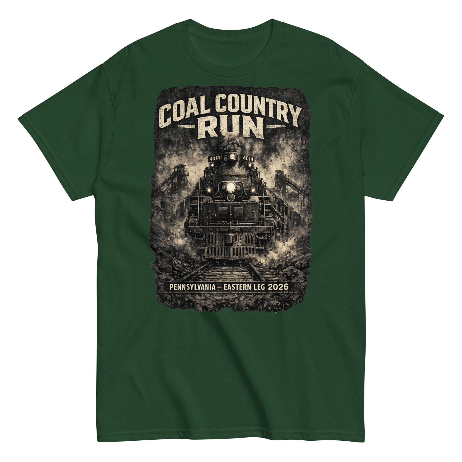 Forest green t-shirt featuring a dark, gritty graphic of the Big Boy 4014 steam locomotive passing historic coal mine structures, with text reading "Coal Country Run" and "Pennsylvania - Eastern Leg 2026".