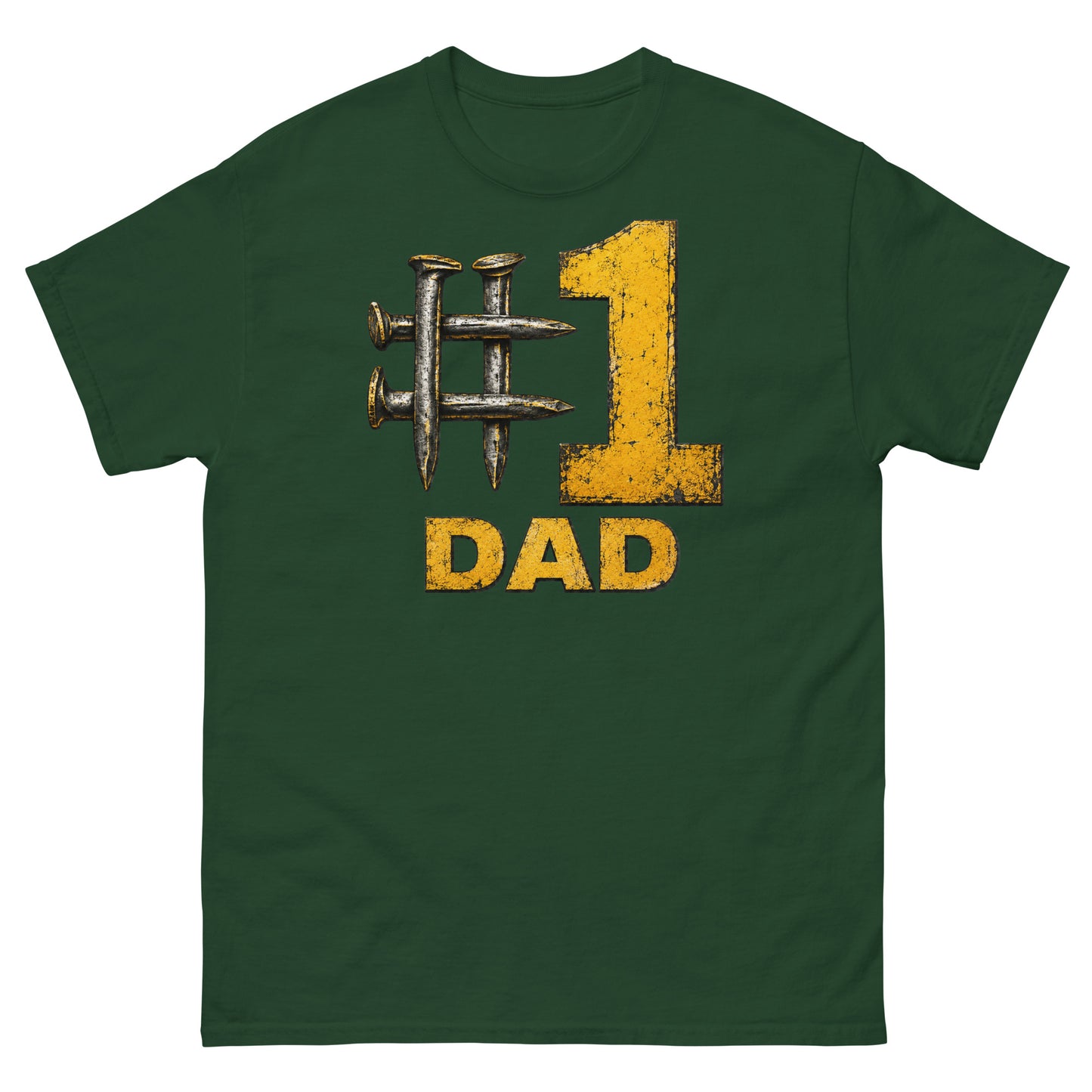 Forest green t-shirt featuring a hashtag symbol made of four crossed metal railroad spikes next to a large, distressed yellow number 1, with the word DAD in matching distressed yellow text directly below.