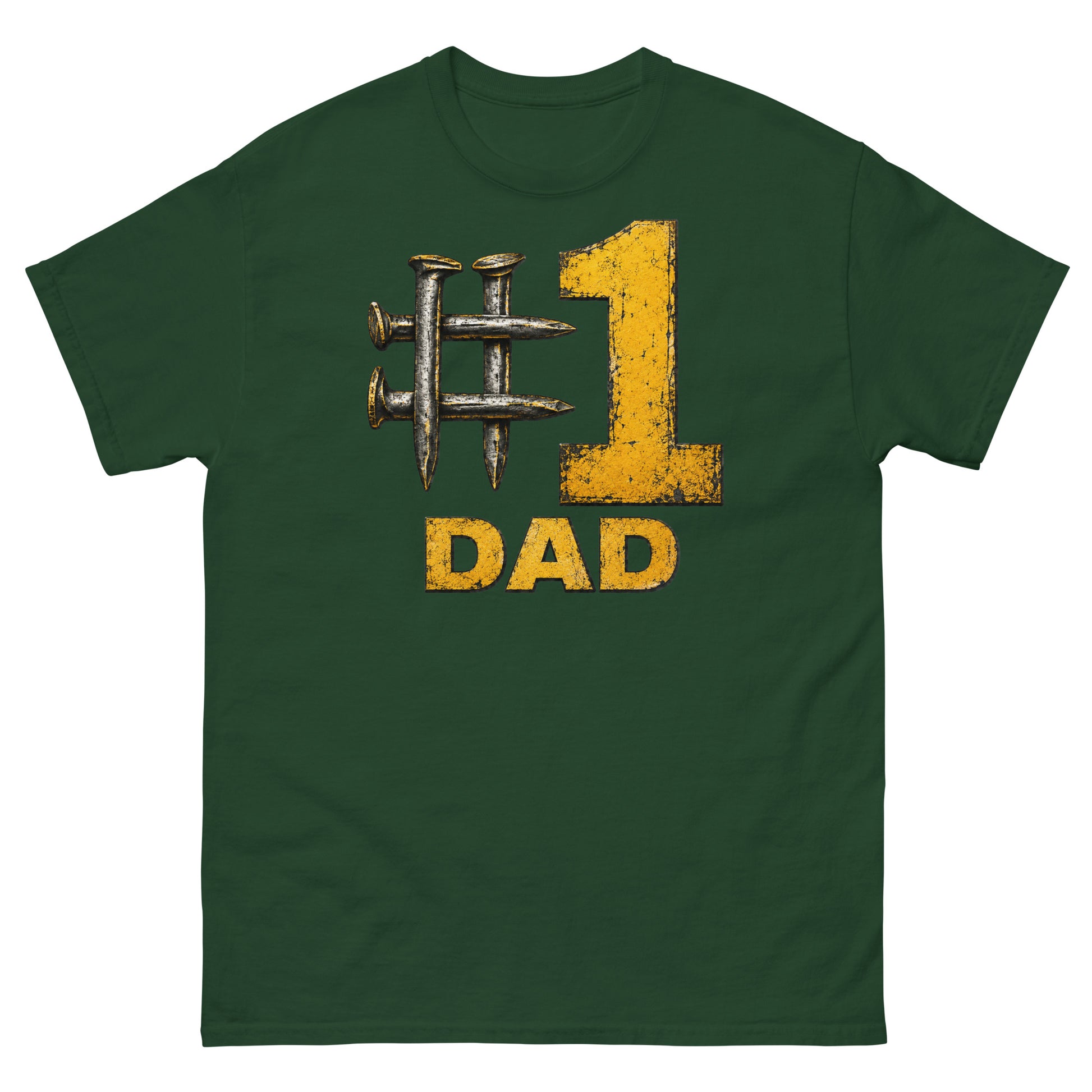Forest green t-shirt featuring a hashtag symbol made of four crossed metal railroad spikes next to a large, distressed yellow number 1, with the word DAD in matching distressed yellow text directly below.